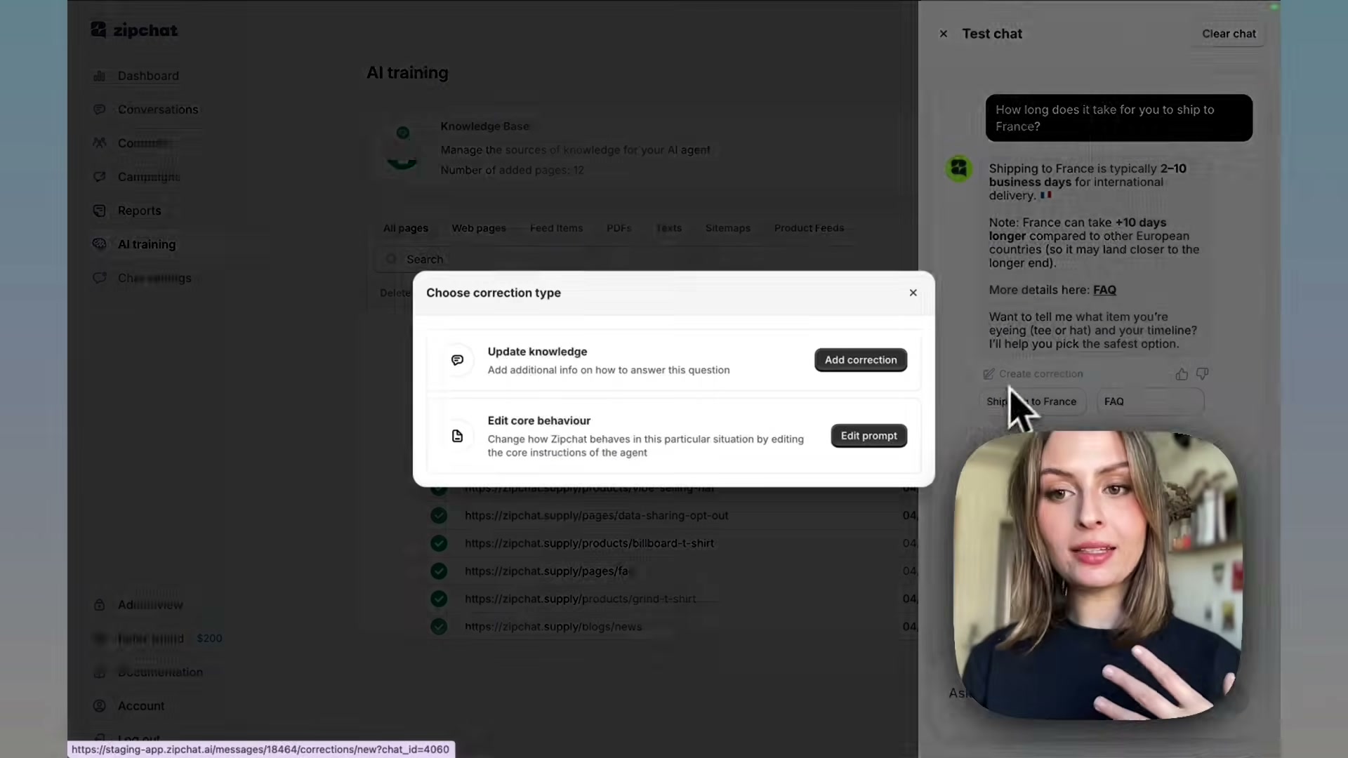 When an AI answer is off, hit 'Create correction' to choose between adding knowledge context or editing the agent's core prompt behavior directly.