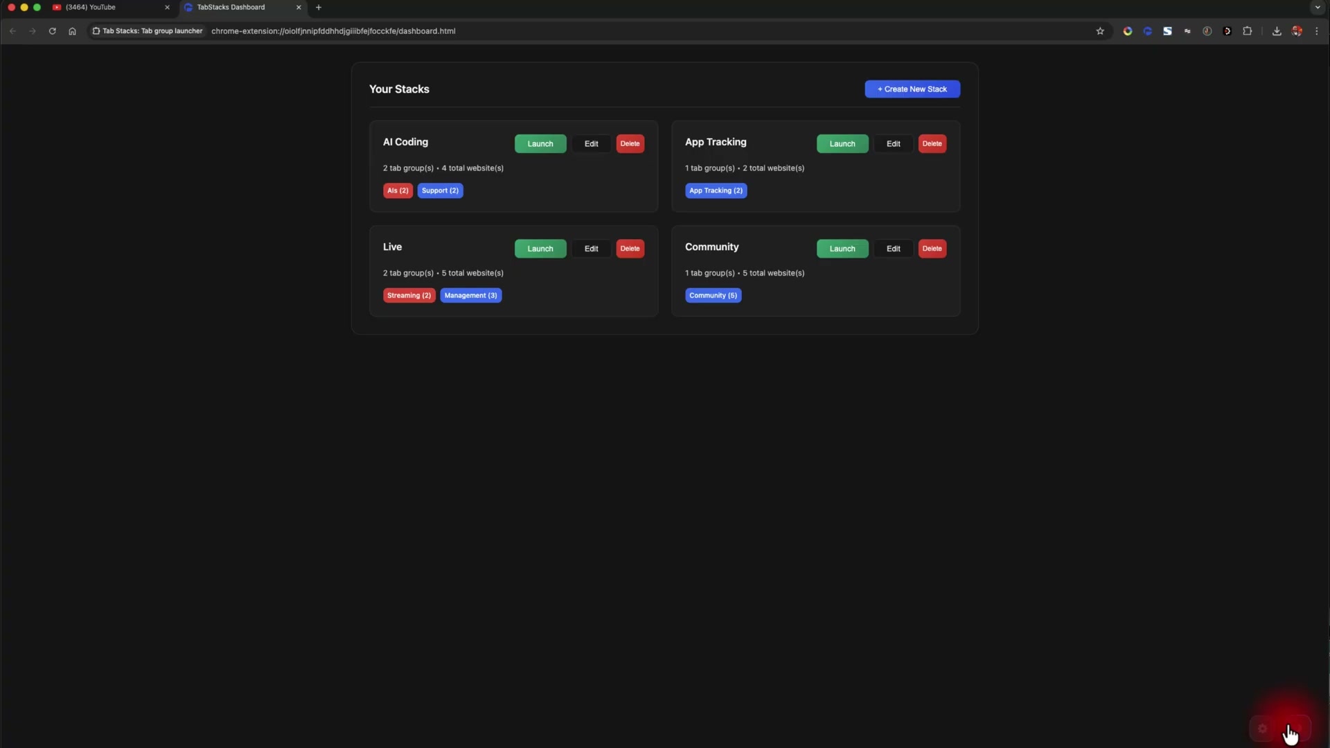 TabStacks dashboard organizes browser tabs into named stacks like 'Live,' 'AI Coding,' and 'Community' for one-click workflow launching.