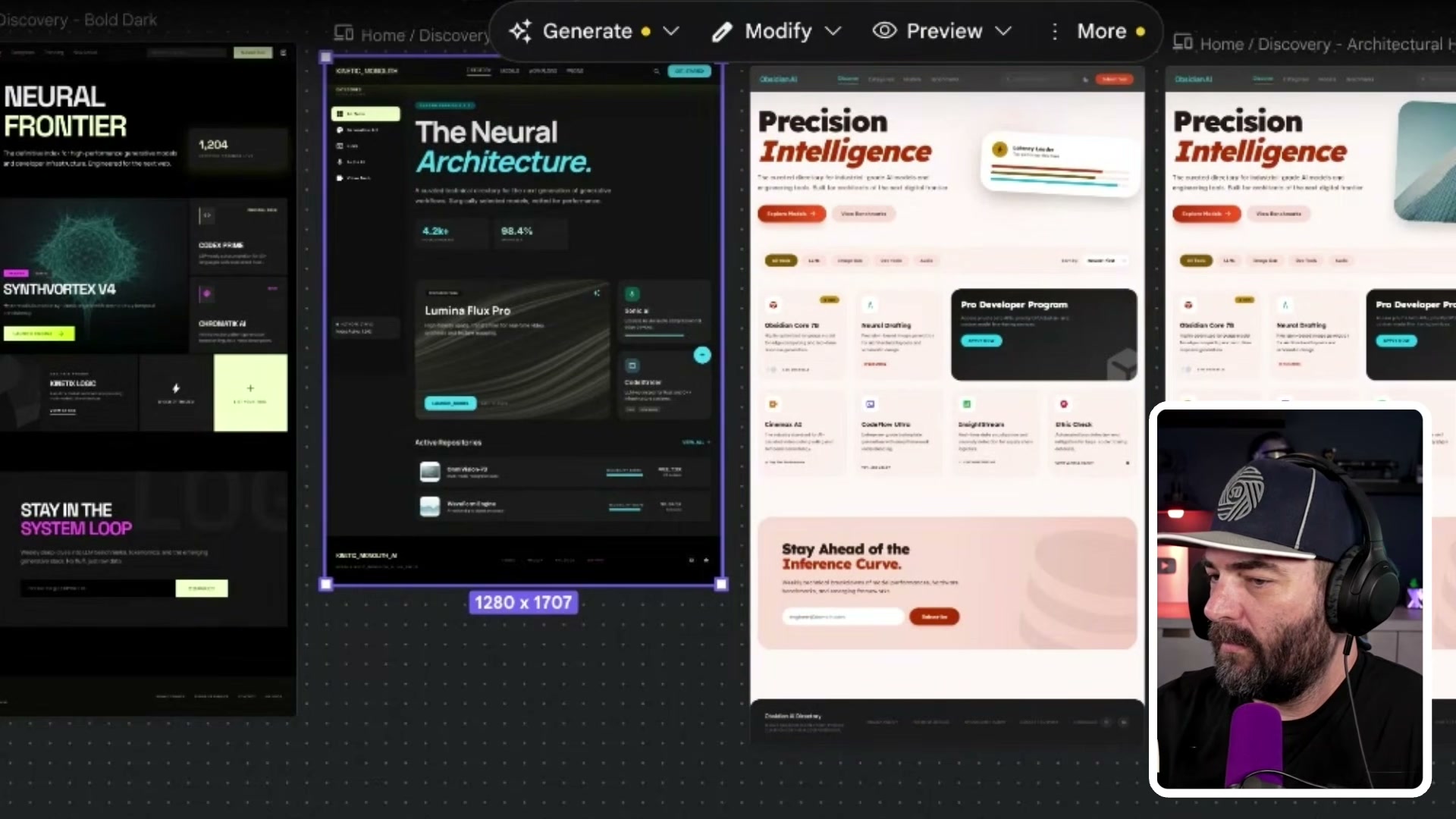Stitch generates multiple page variants simultaneously — dark and light modes, sidebar and full-width layouts all in one canvas