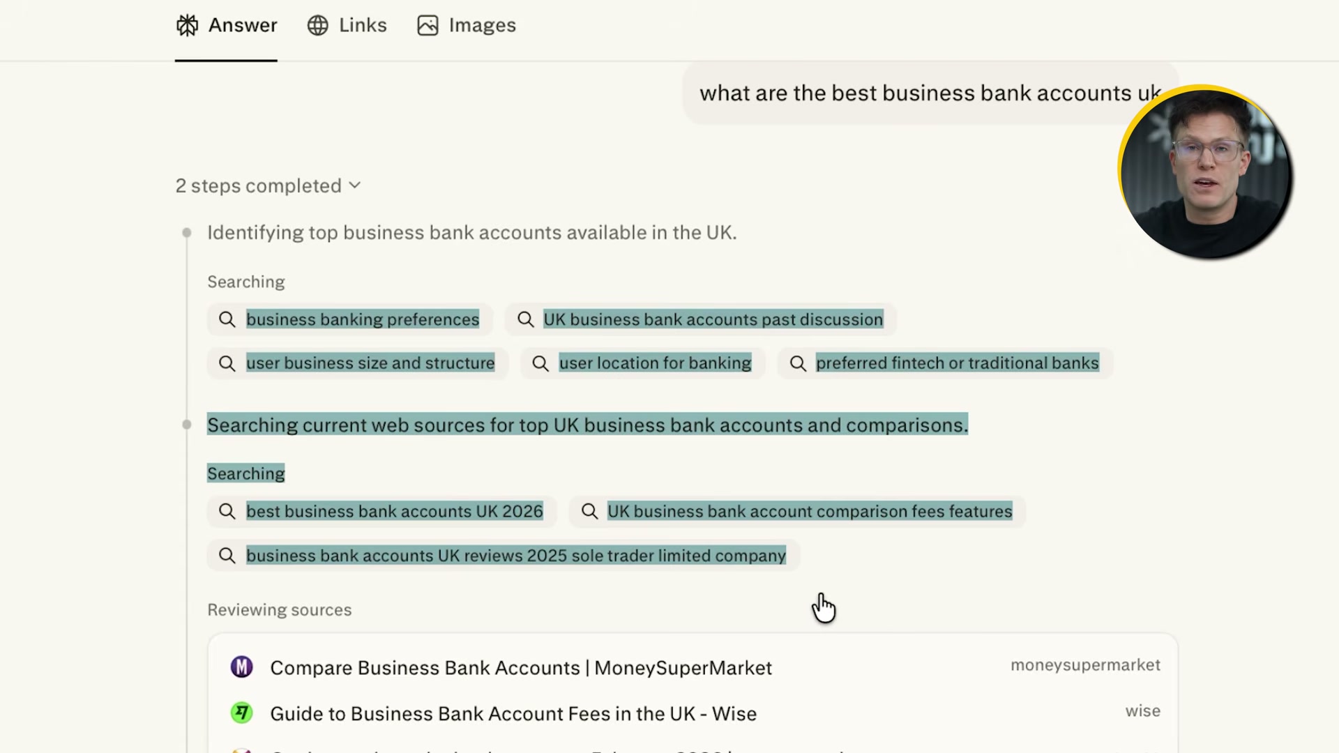 Perplexity's reasoning trace reveals the sub-questions AI asks internally — each query is a content gap your brand could own.