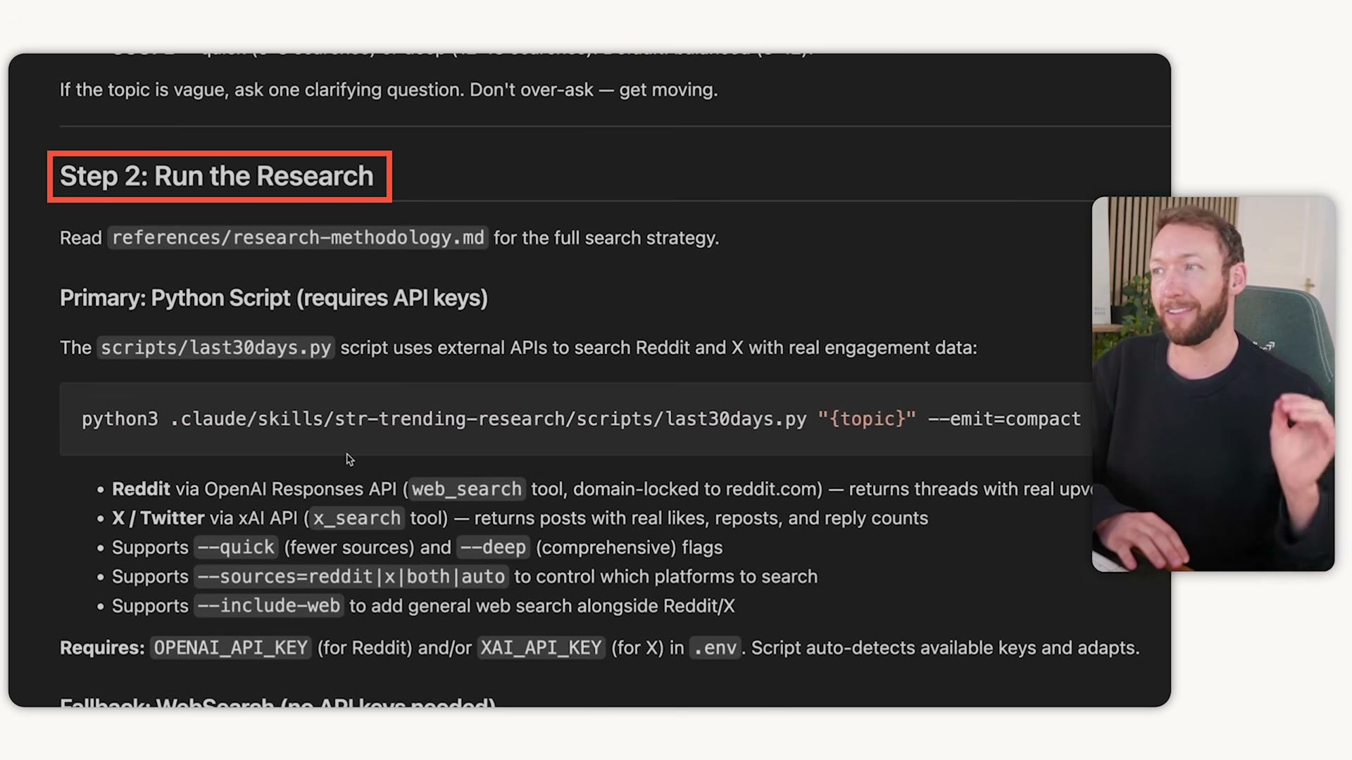 The skill file's Step 2 block: a single Python command that auto-detects available API keys and routes to Reddit, X, or web search accordingly.