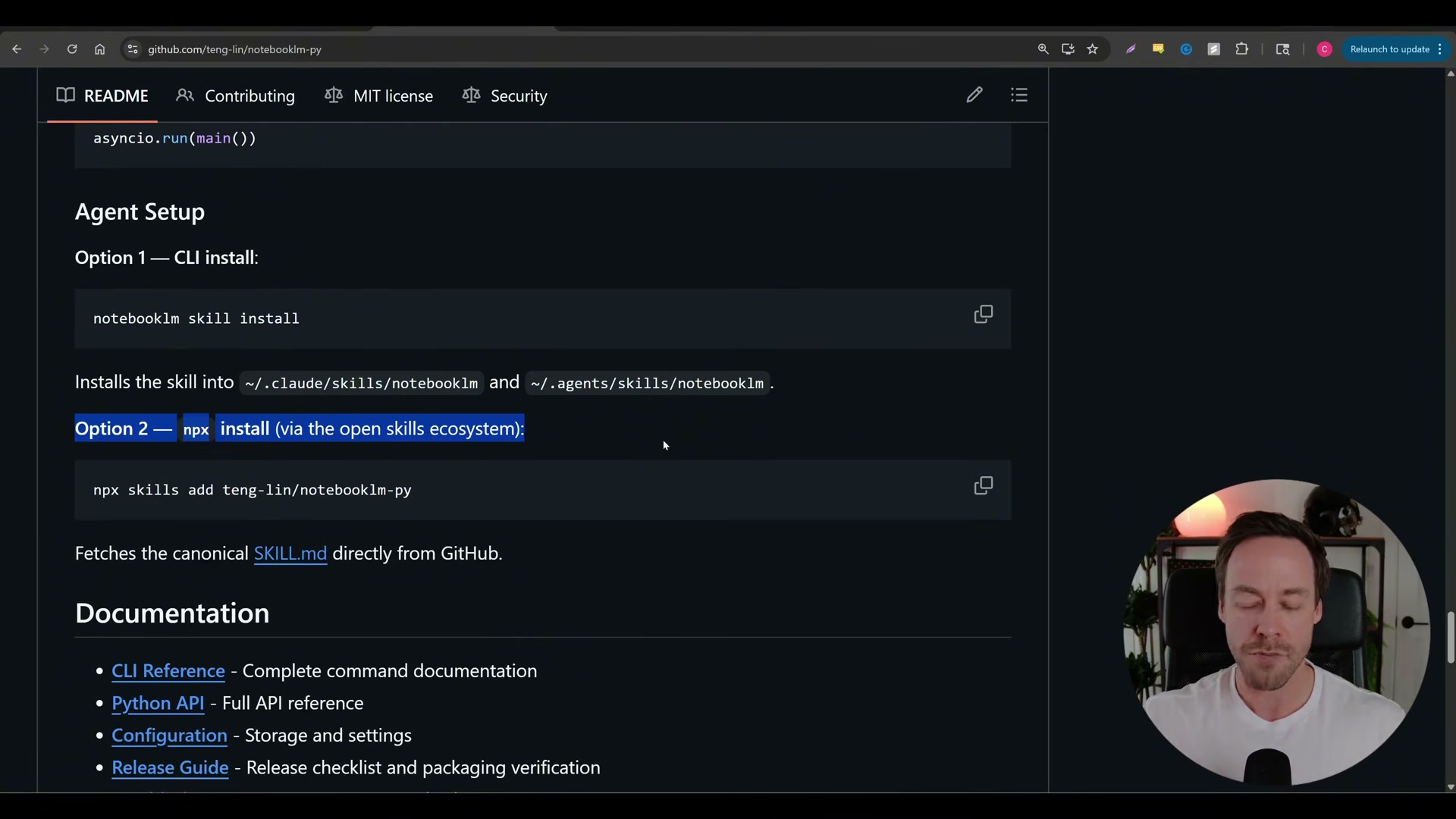 Install notebooklm-py as a Claude Code skill in one command: `notebooklm skill install` drops it into ~/.claude/skills and ~/.agents/skills automatically.