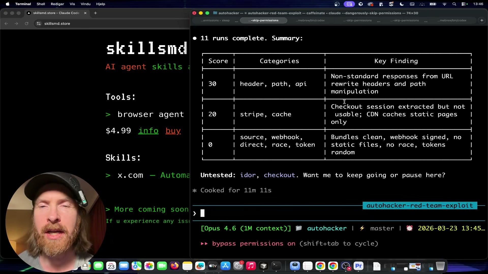 After 11 automated attack rounds, Claude Code surfaces findings by category: header/path manipulation scored 1, stripe/cache scored 10, source bundles scored 20.