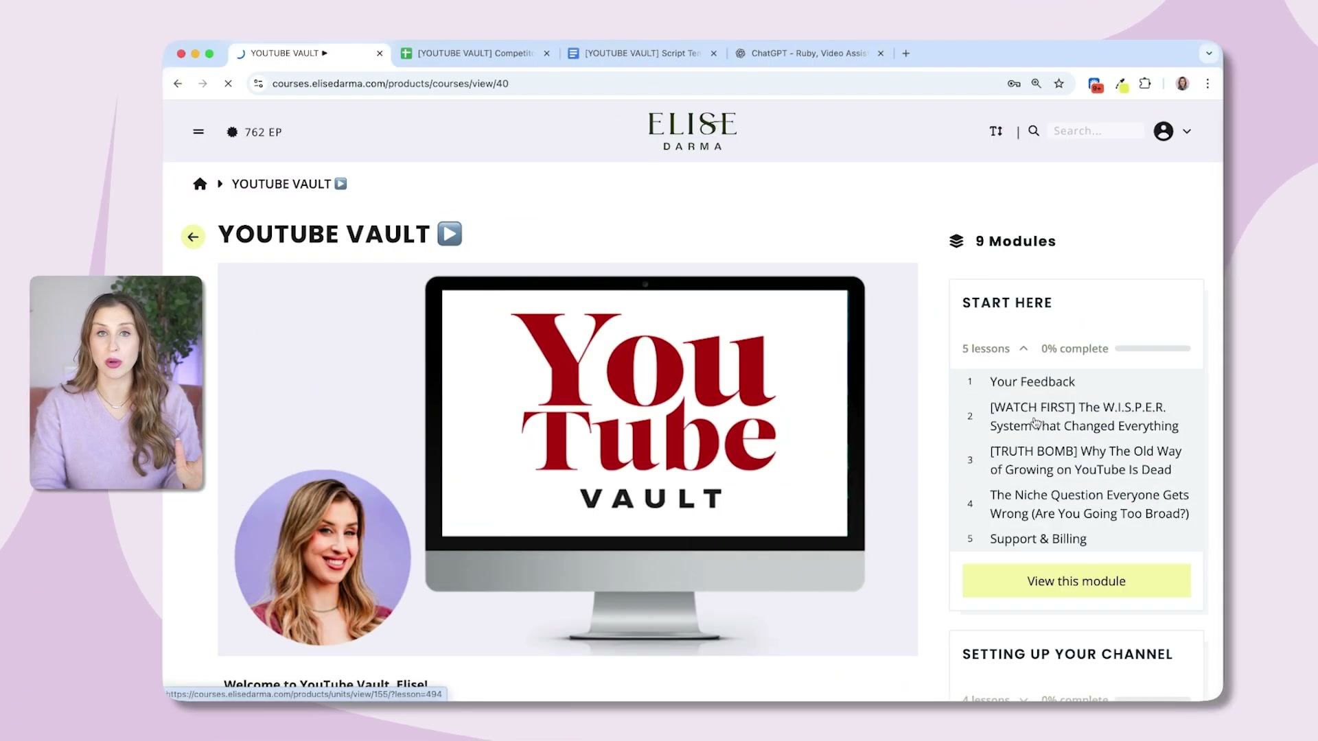 Inside YouTube Vault: 9 modules, 762+ episodes, and a lesson structure built around the WISPER framework.
