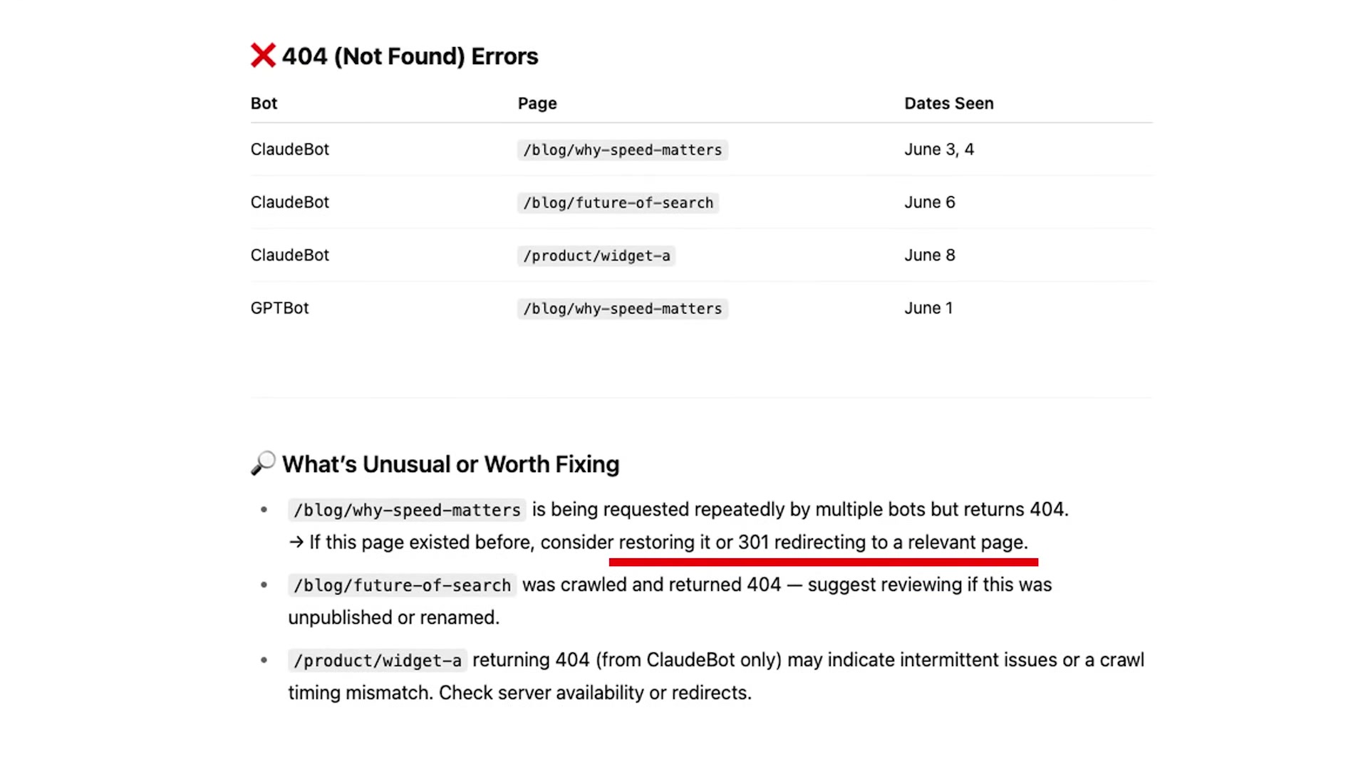 ChatGPT surfaces 404s hit by ClaudeBot and GPTBot — and tells you exactly which pages to fix or redirect.