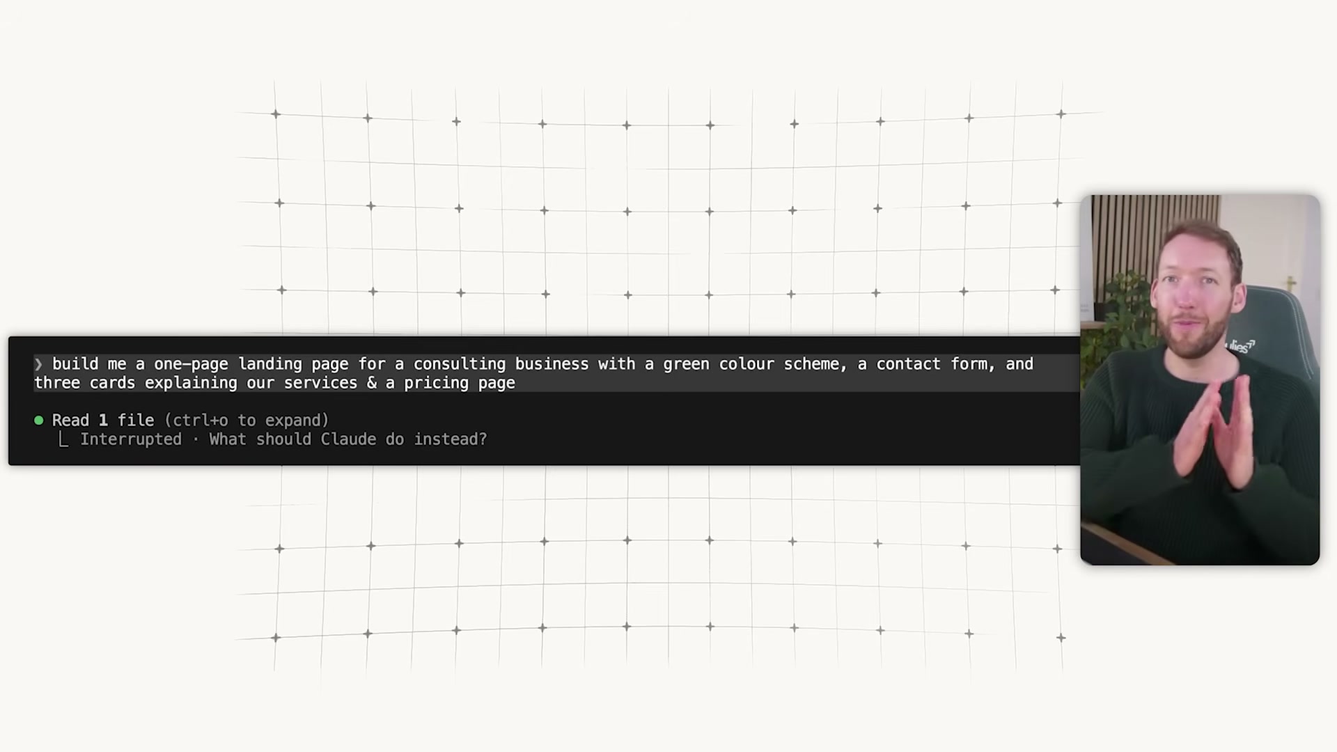 A plain-English prompt in Claude Code's terminal — no coding required to kick off a full build.