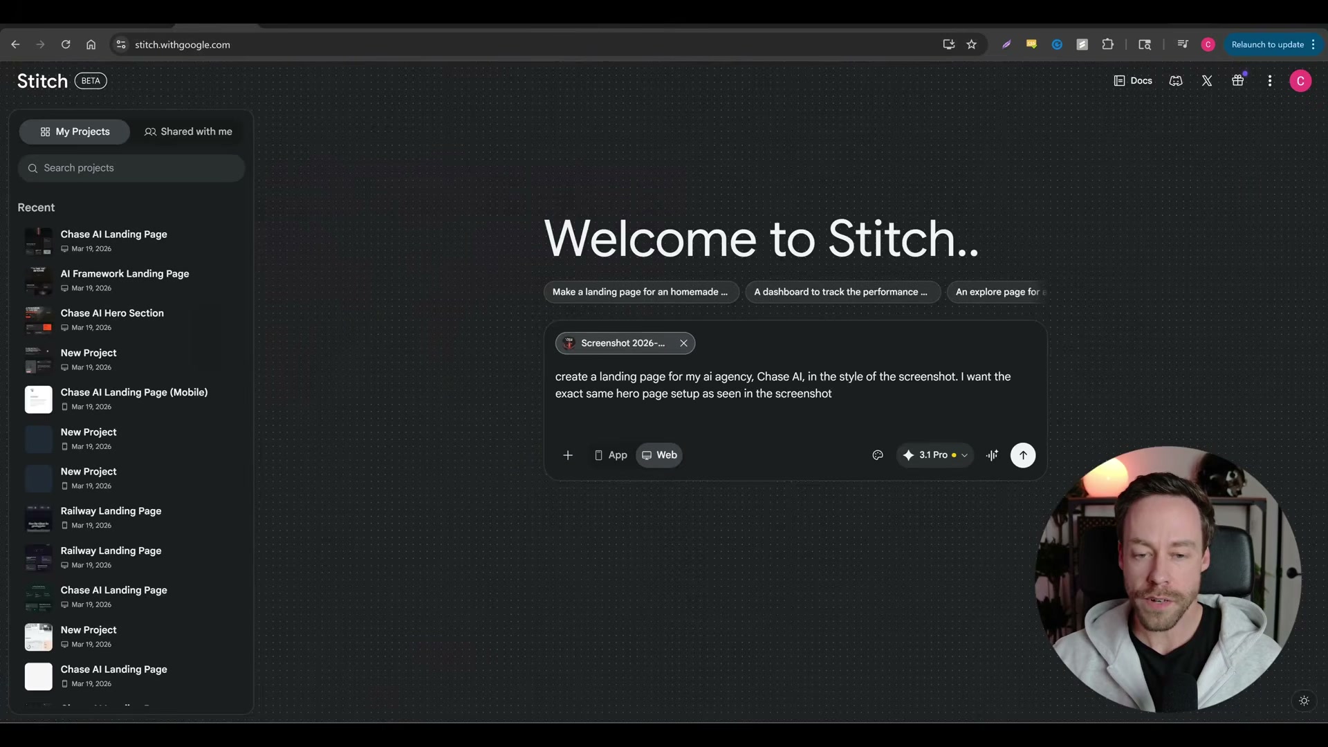 The exact Stitch prompt with attached screenshot reference — this one-liner kicks off the entire design generation pipeline.