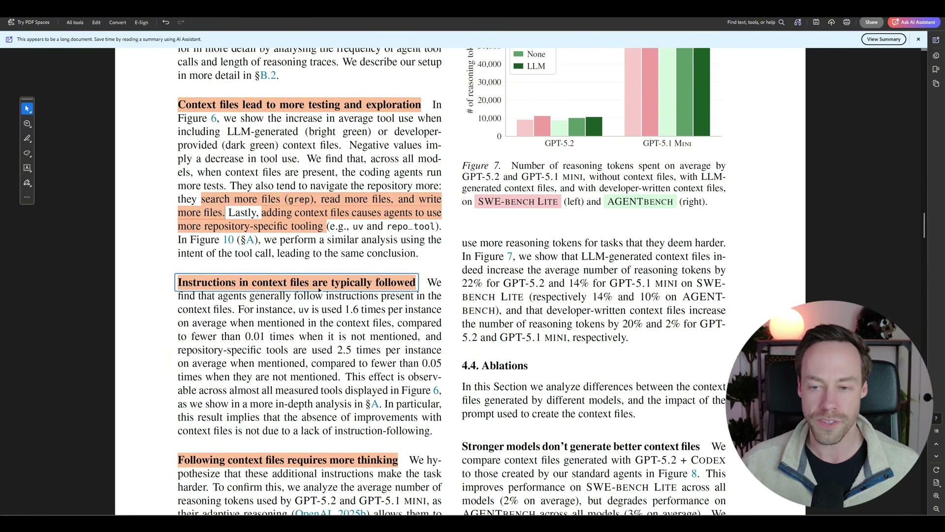 Figure 2: context files inflate reasoning token counts by 14–22% across GPT and Claude models