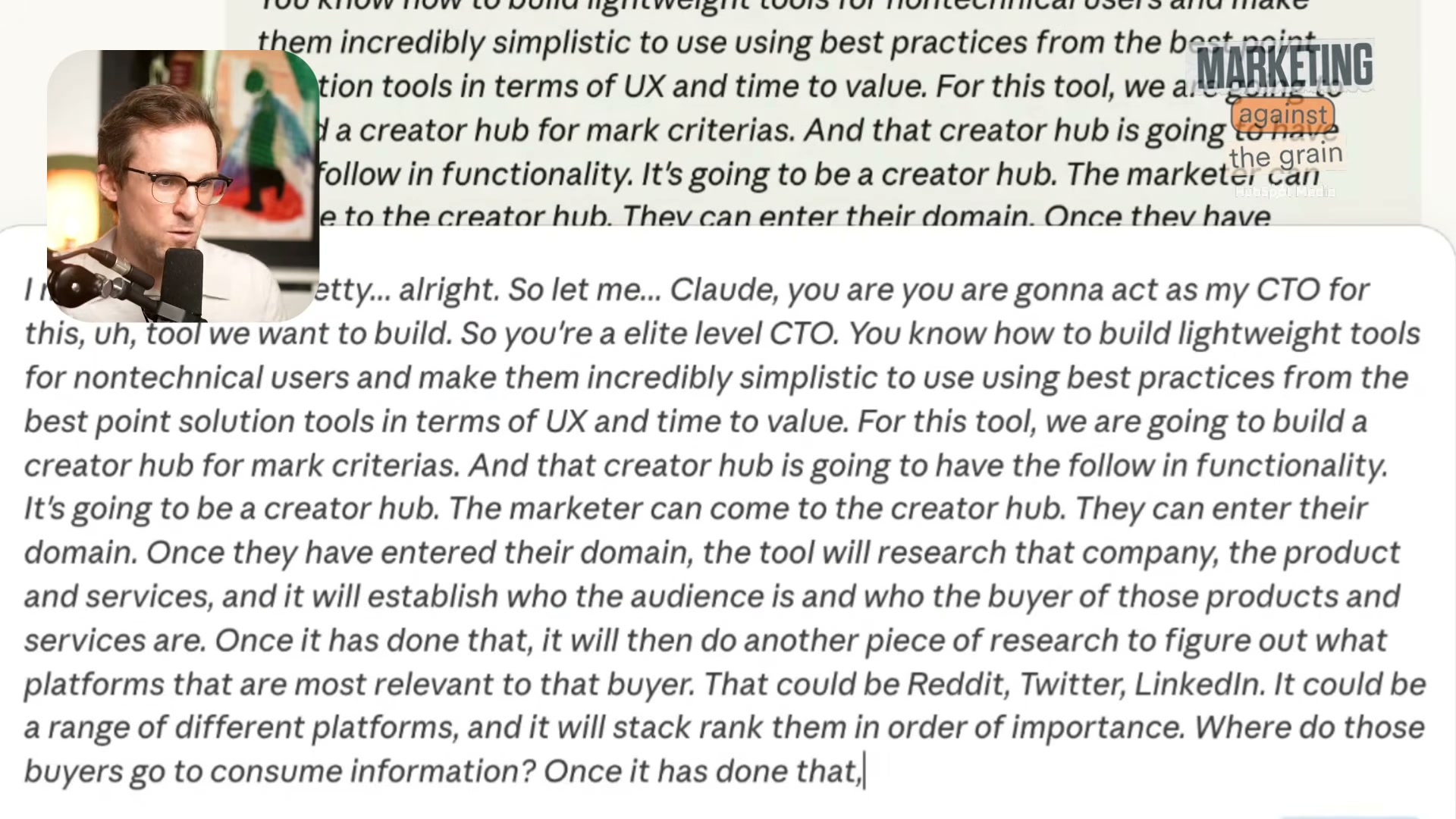The full product brief prompt: how to describe automated buyer persona extraction, platform ranking logic, and creator discovery in plain language Claude can act on.