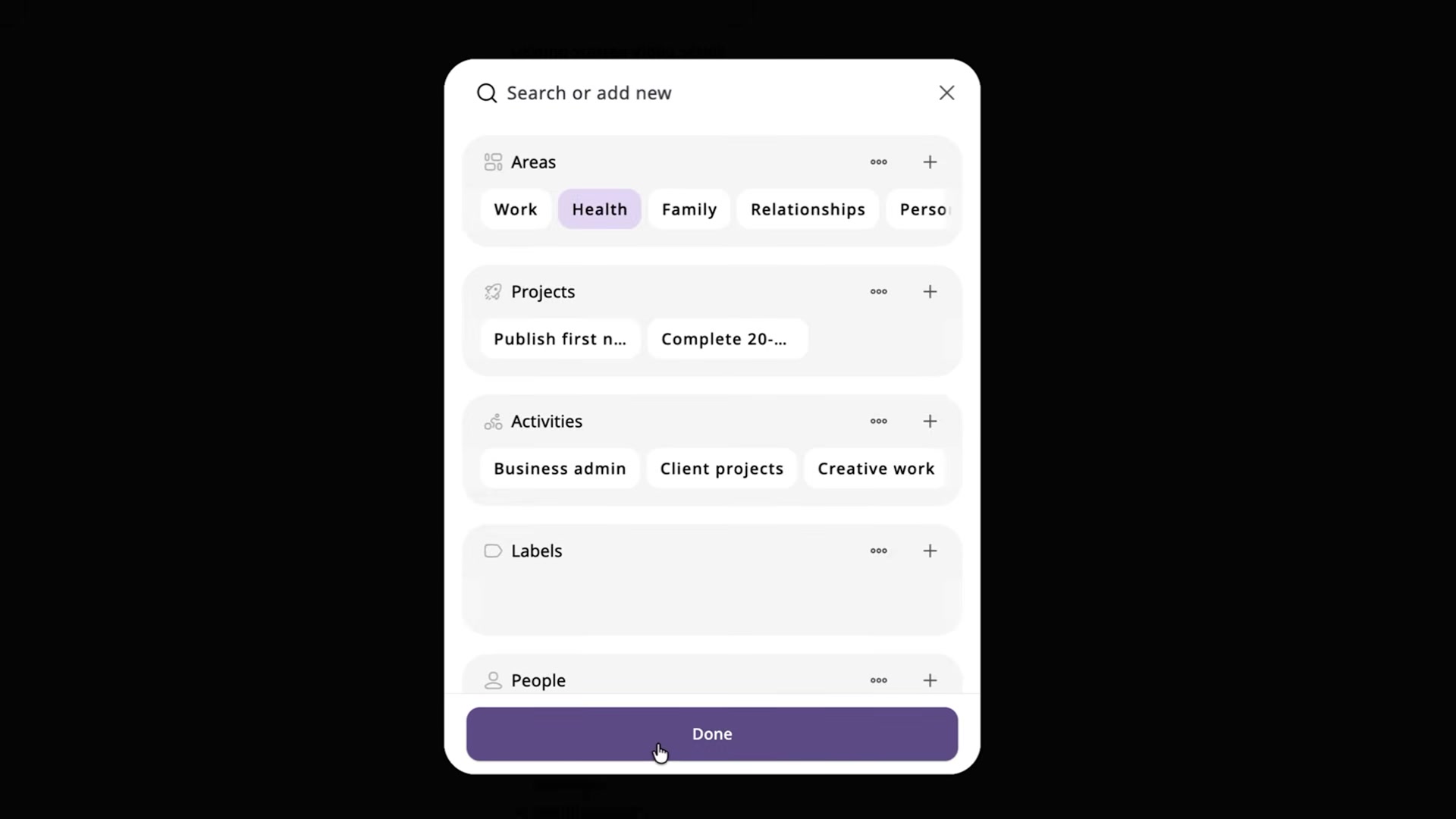 Journal It! organizes your life into Areas, Projects, Activities, Labels, and People