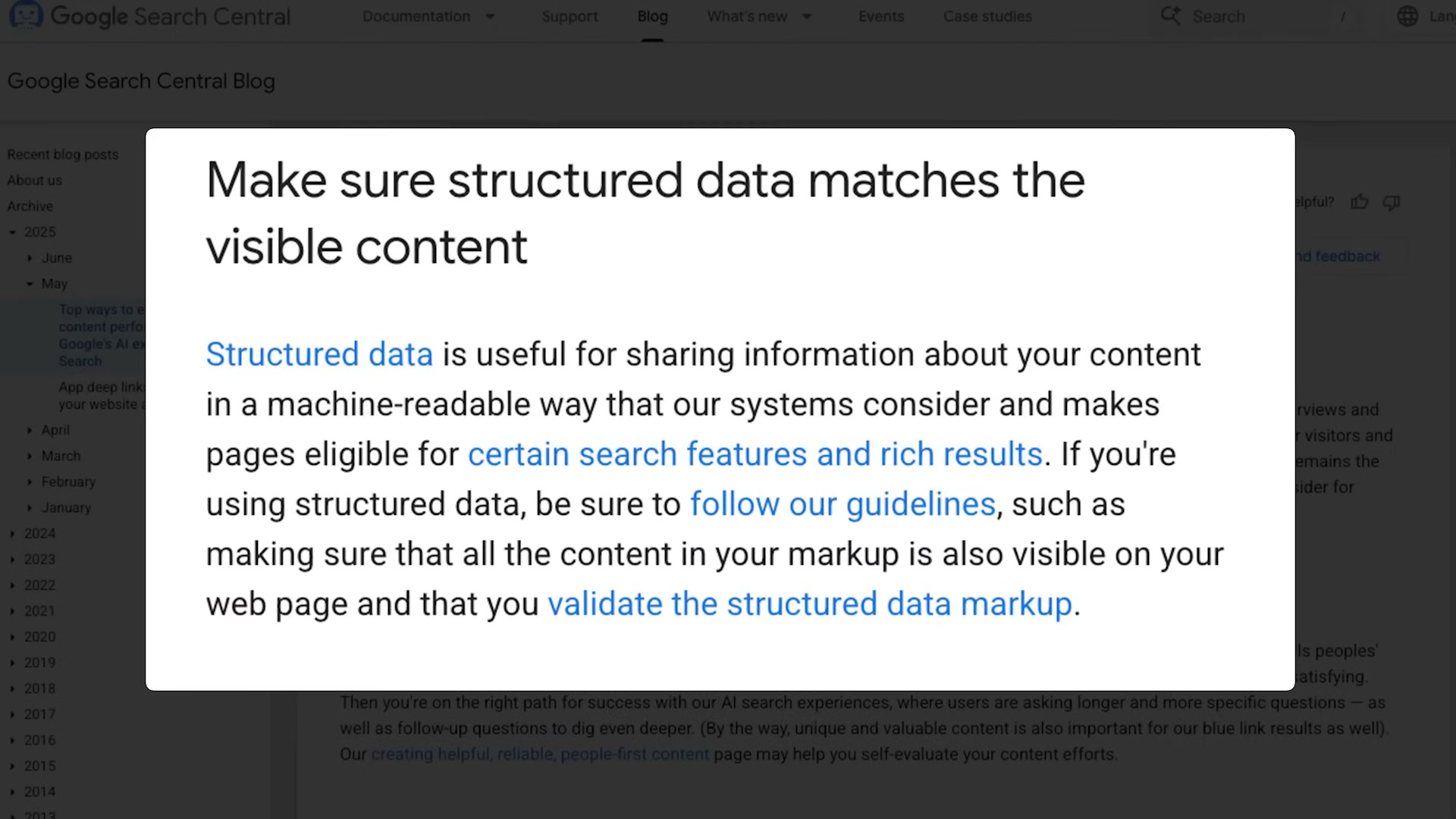 Google's core rule for structured data: every schema property must reflect what's actually on the page.