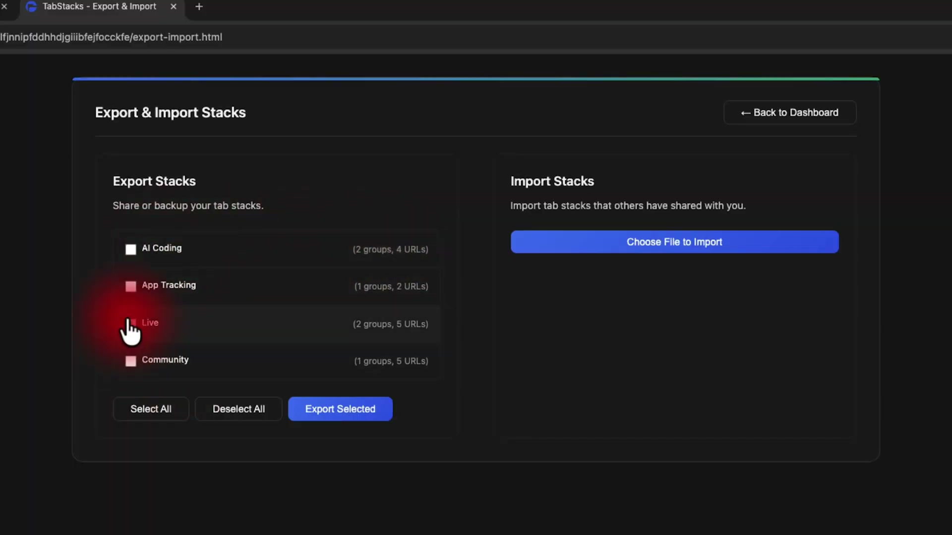 TabStacks' Export & Import screen lets you back up your tab stacks or share workflow sets with your team.