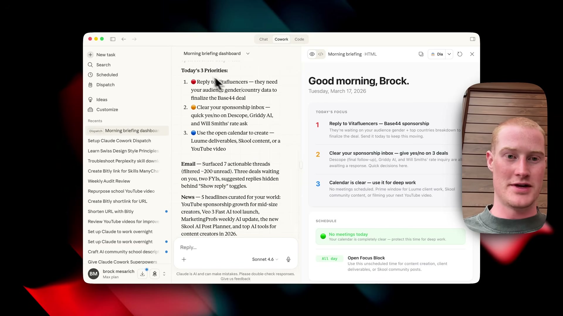 Claude generates a self-contained HTML dashboard and opens it in your browser — all triggered from a two-word text sent from your phone.