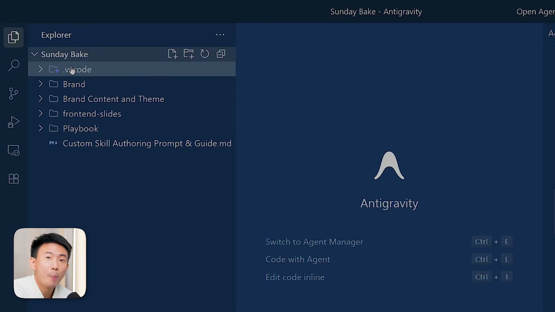 The Sunday Bake brand knowledge base open in Antigravity — brand identity, voice, and content theme files feed the AI agent's context.