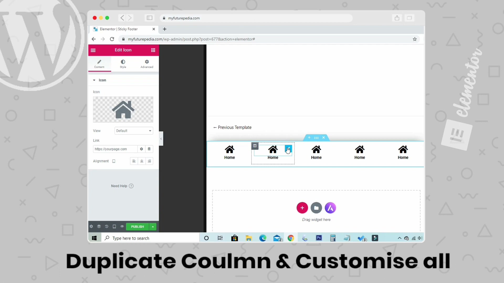 Duplicate the column to create five menu items, then customize each icon and label for Home, Pages, and other sections.