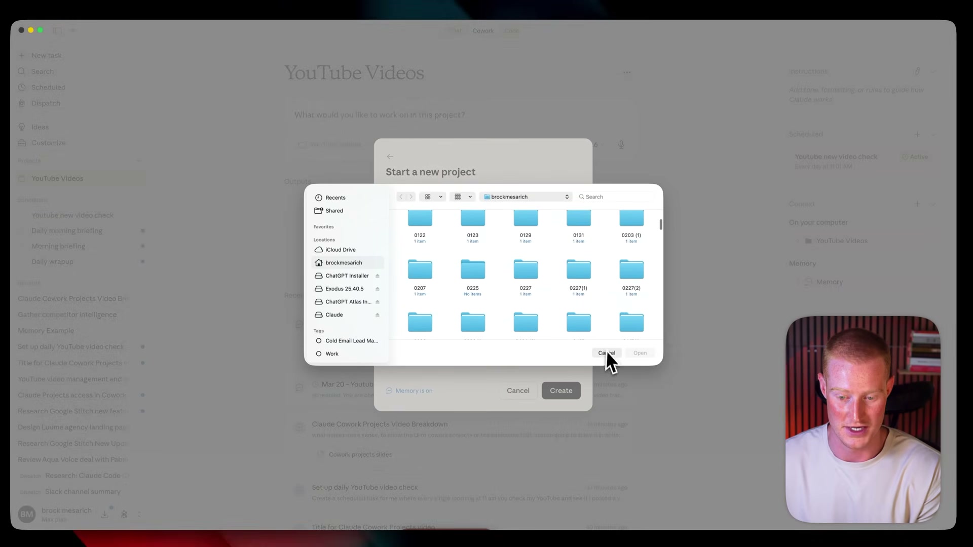 Creating a new project: pick a local folder to link as context — Claude can now read and write files in that directory