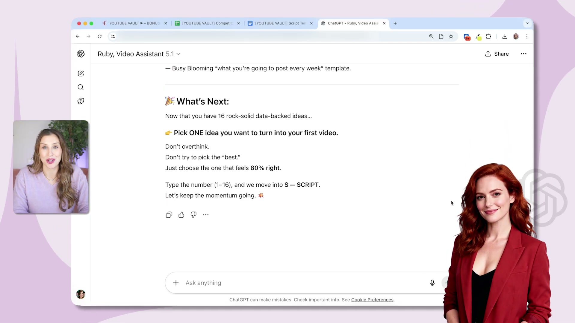 Ruby, the course's custom AI assistant, generates 16 data-backed video ideas and walks you into scripting — no blank page.