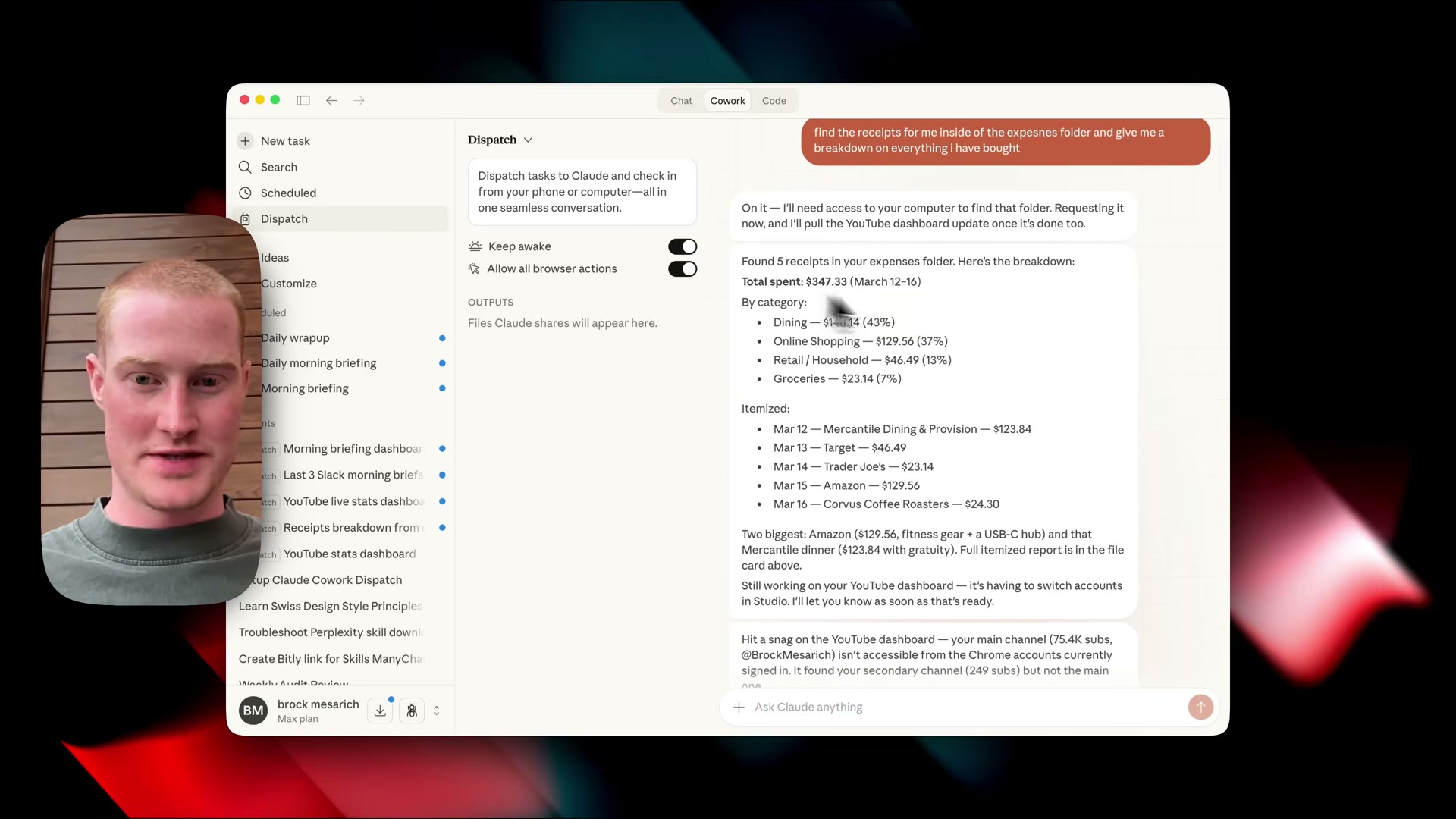 Dispatch can access local folders — ask it to summarize your expenses folder and it returns a categorized, itemized breakdown from actual files on your machine.