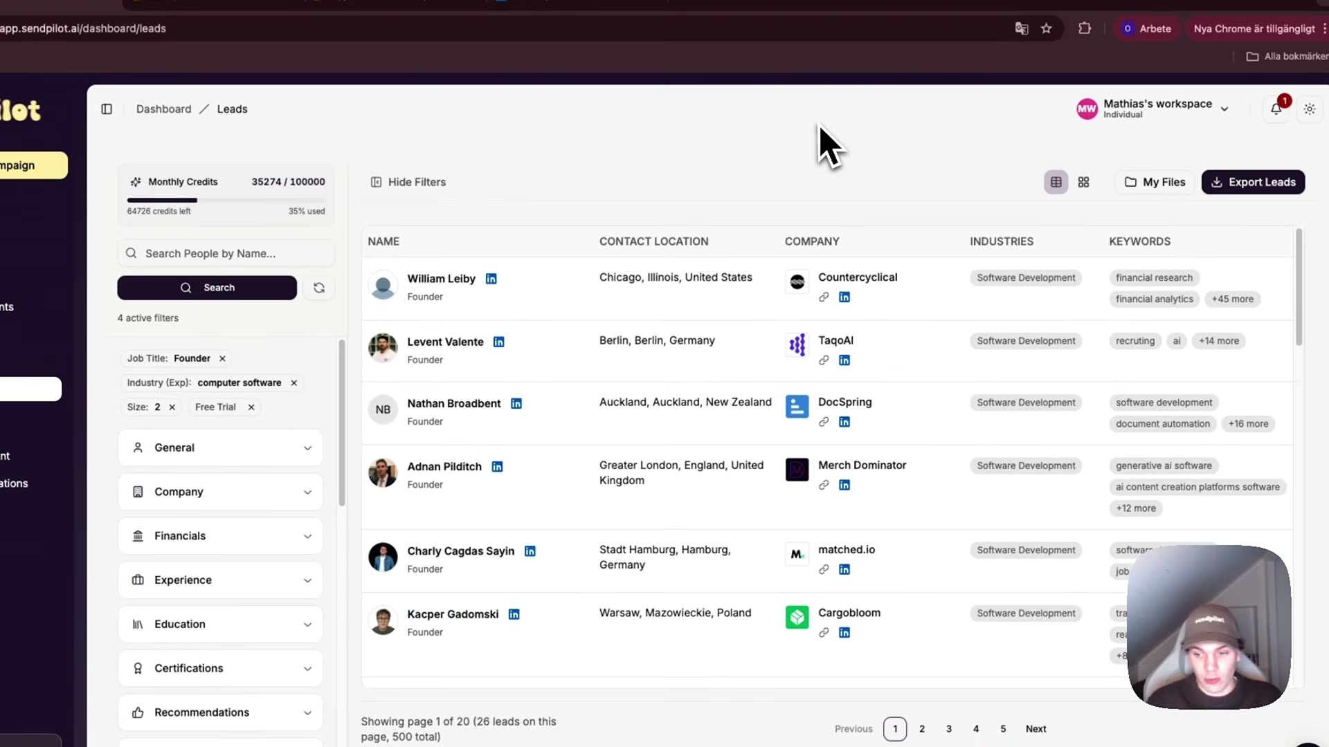 Filtered Lead Database results: 500 SaaS founders at companies with free trials, filtered by job title, industry, and size