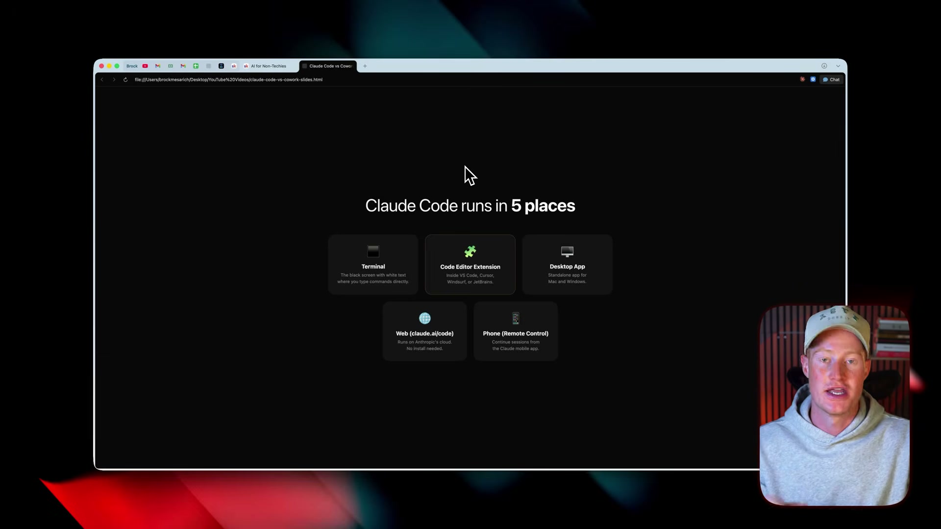 Claude Code runs in 5 environments: Terminal, VS Code/Cursor extension, standalone Desktop App, the web at claude.ai/code, and remote via your phone.
