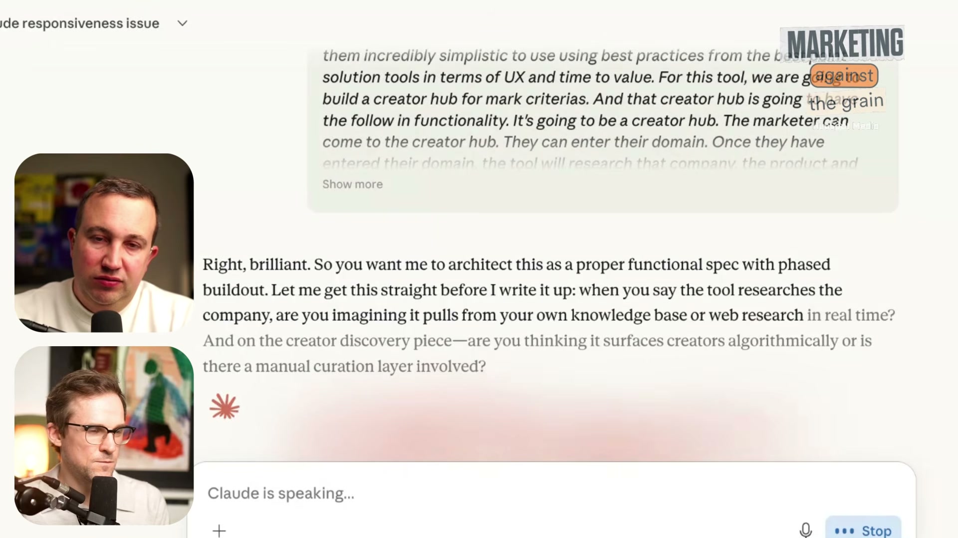 Claude asks the right architecture questions before writing a single line of spec — web research vs. knowledge base, algorithmic vs. manual curation.