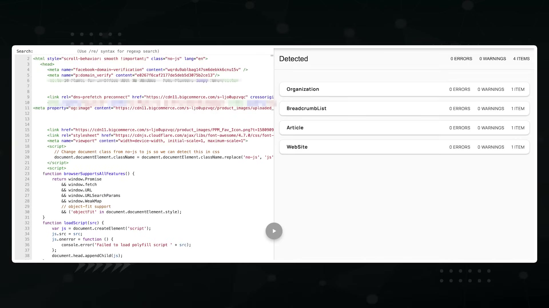 Validating JSON-LD schema markup: four schema types detected with zero errors using Google's Rich Results testing tool.