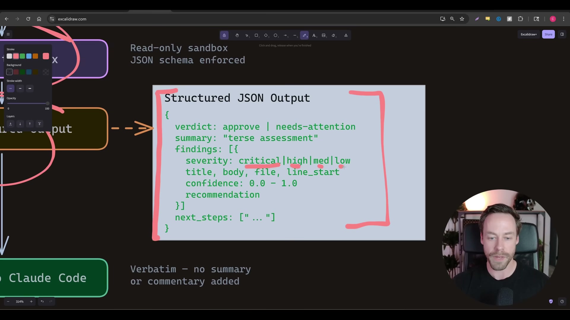 Codex returns a strict JSON schema: verdict (approve or needs-attention), per-finding severity ratings from critical to low, file and line references, confidence scores, and next_steps — verbatim, no editorial wrapping.