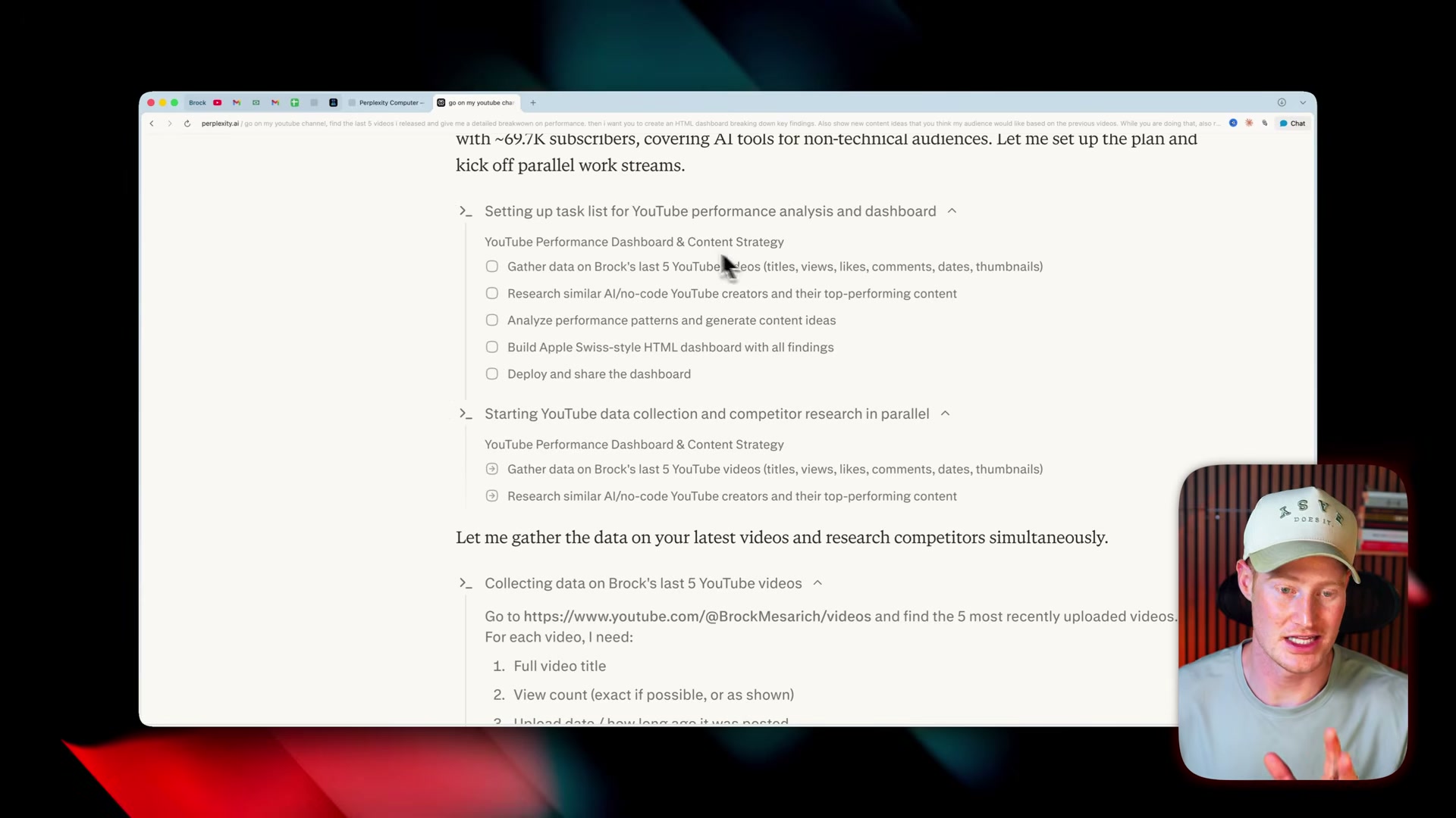 Perplexity Computer decomposes a YouTube analytics prompt into five parallel sub-tasks and kicks them off simultaneously — no sequential waiting