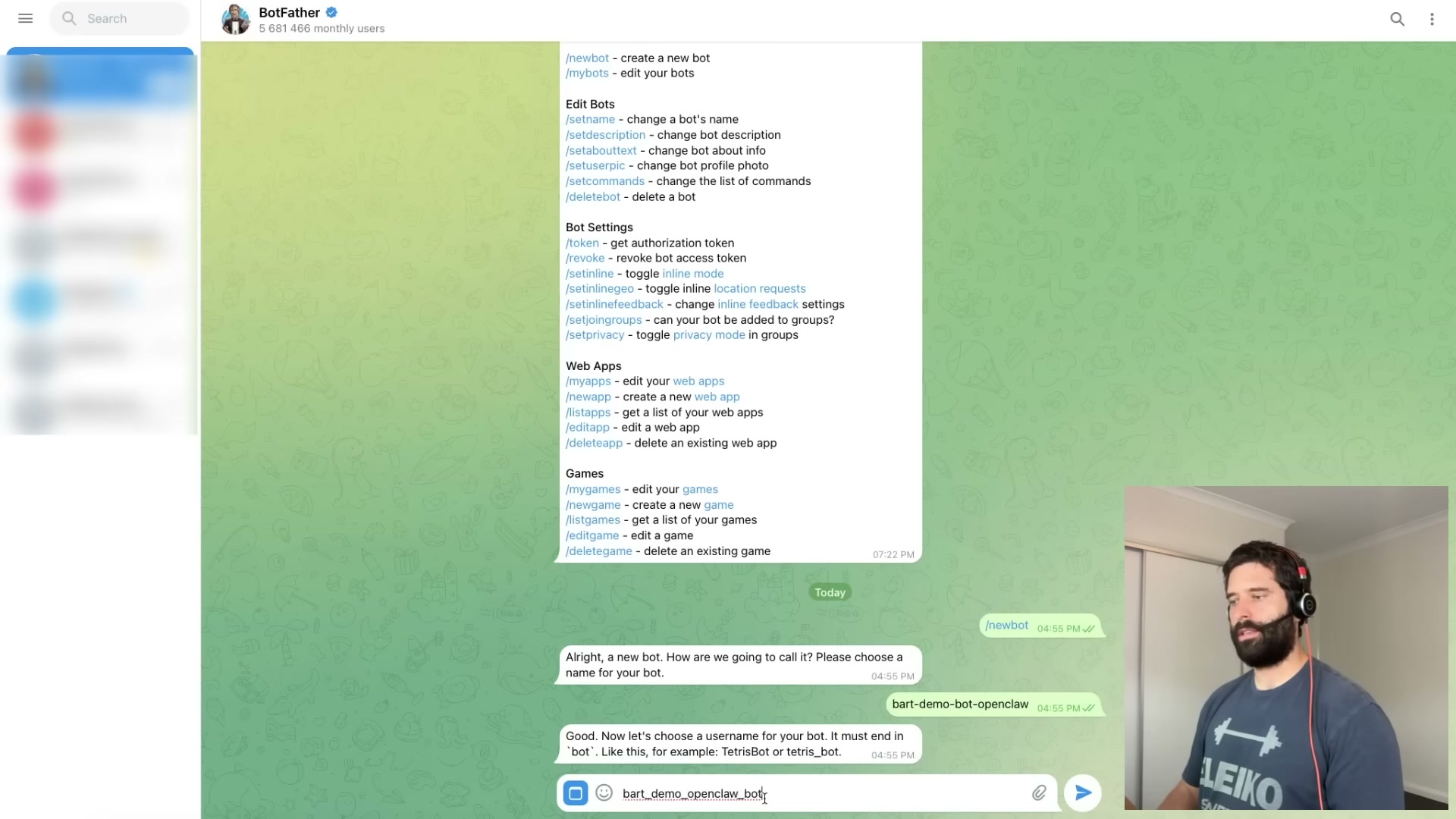 Create your OpenClaw Telegram bot: send /newbot to @BotFather, choose a name and a username ending in 'bot'