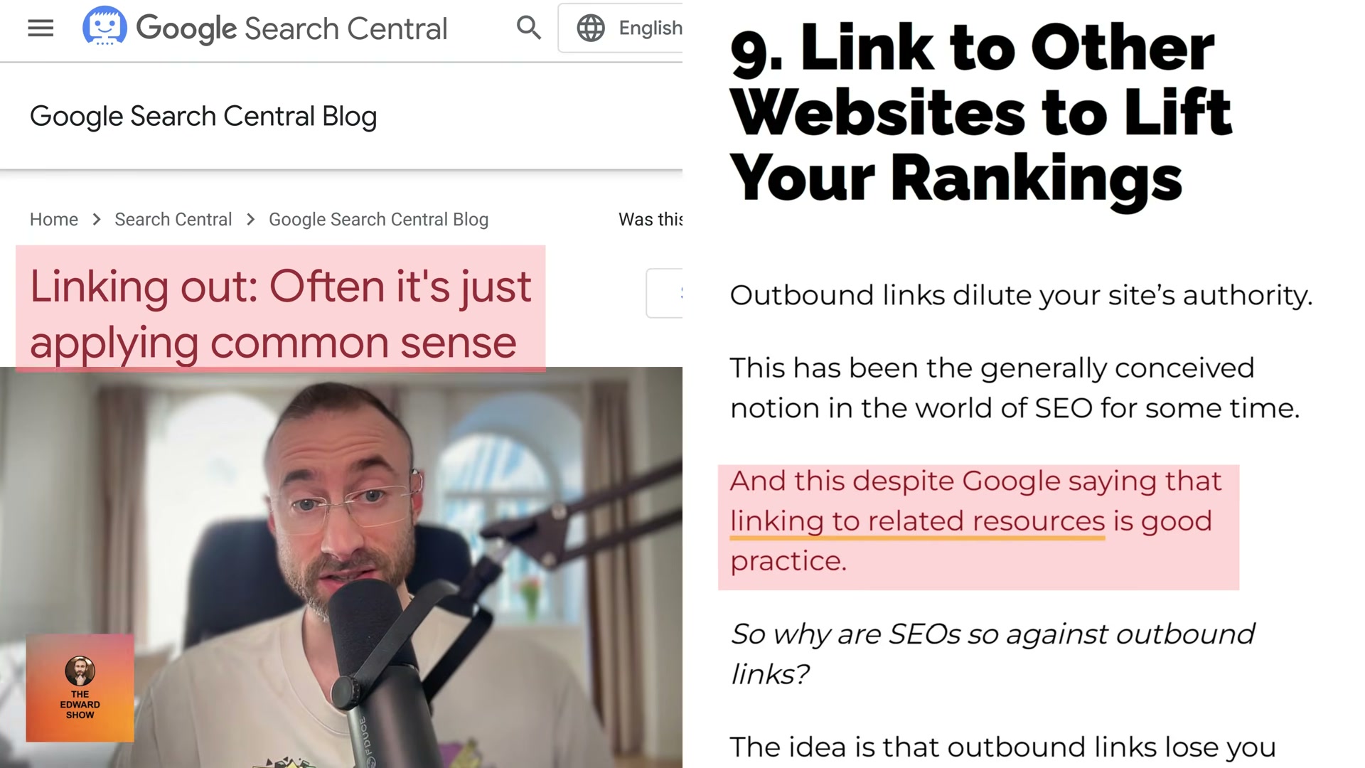 The core conflict: SEOs believe outbound links dilute authority — but Google's own docs say linking to related resources is good practice