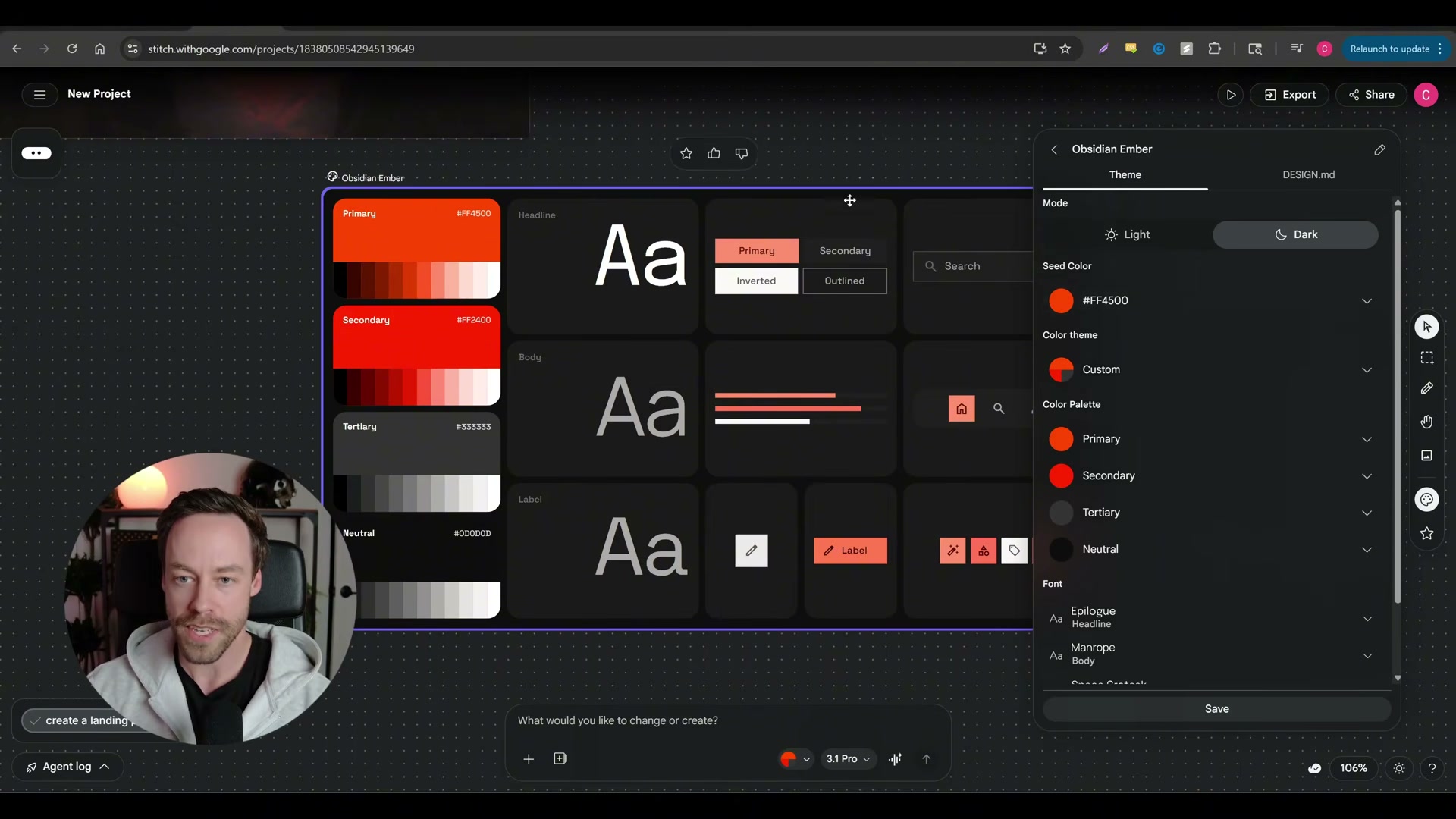 Inside the Stitch theme editor: tweak the seed color, toggle Light vs. Dark mode, and override fonts — all without writing a line of CSS.