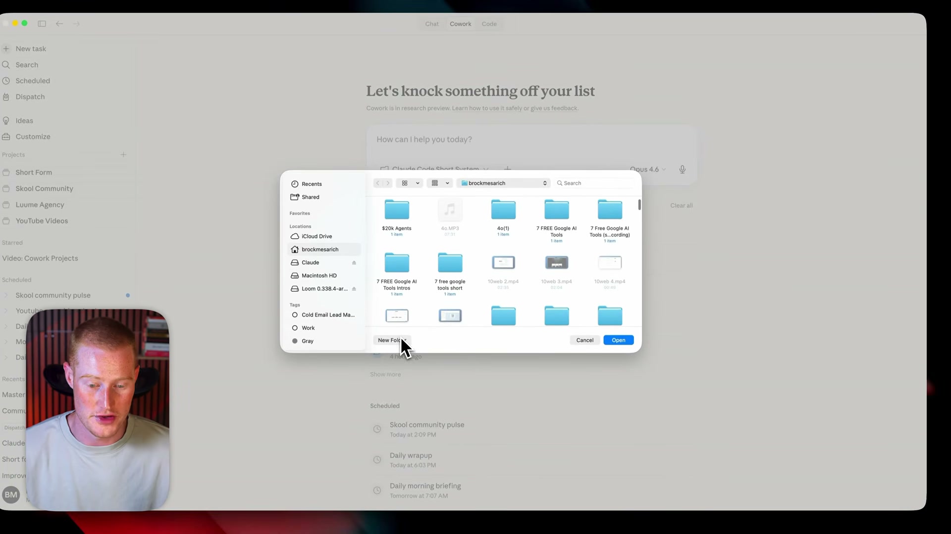 Linking a local folder to your Cowork Project: click the folder picker, navigate to your working directory, and hit 'New Folder' to create a dedicated project space.