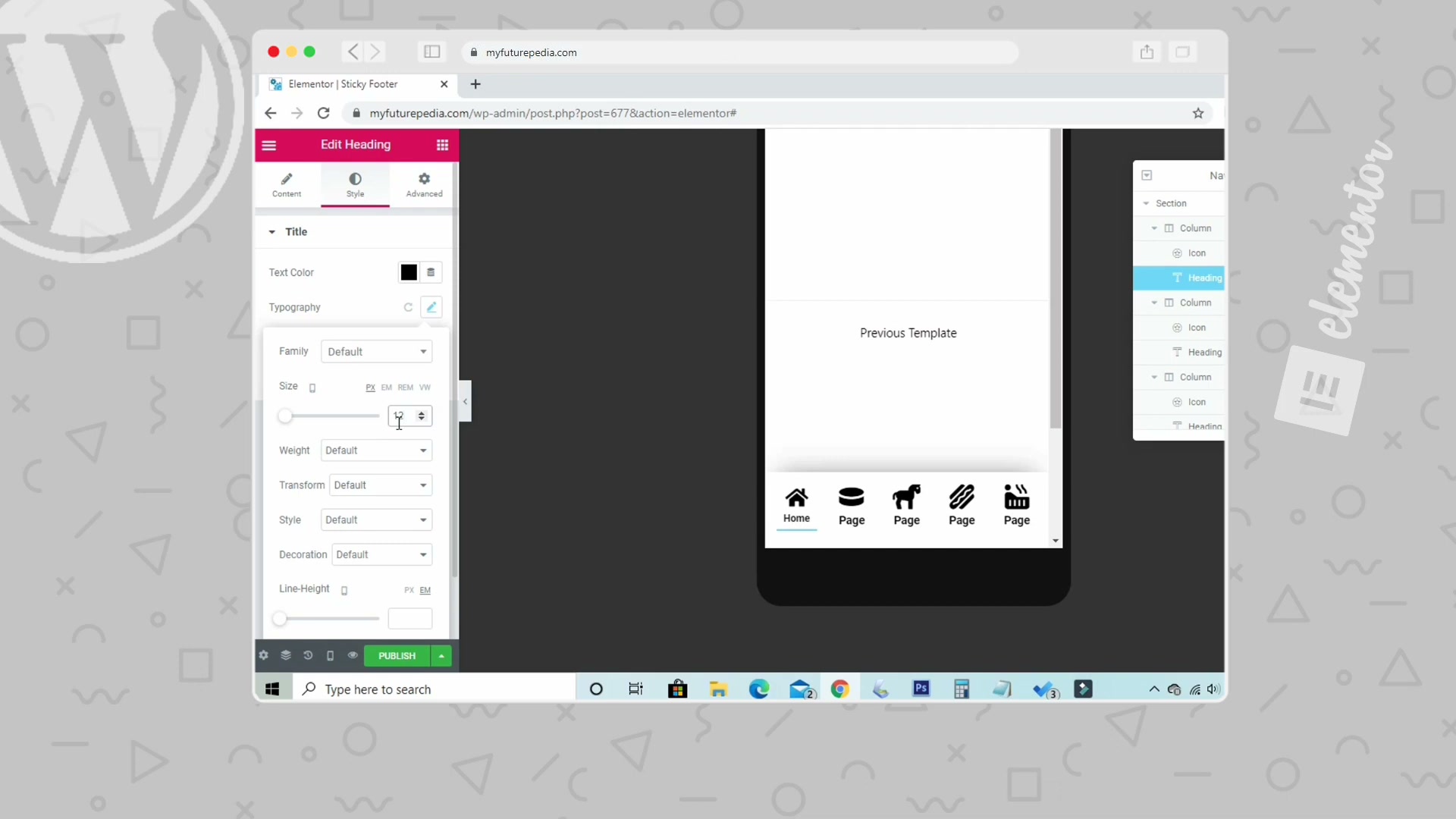 The finished mobile sticky menu in preview mode — five icon-and-label items evenly spaced across the bottom of the screen.