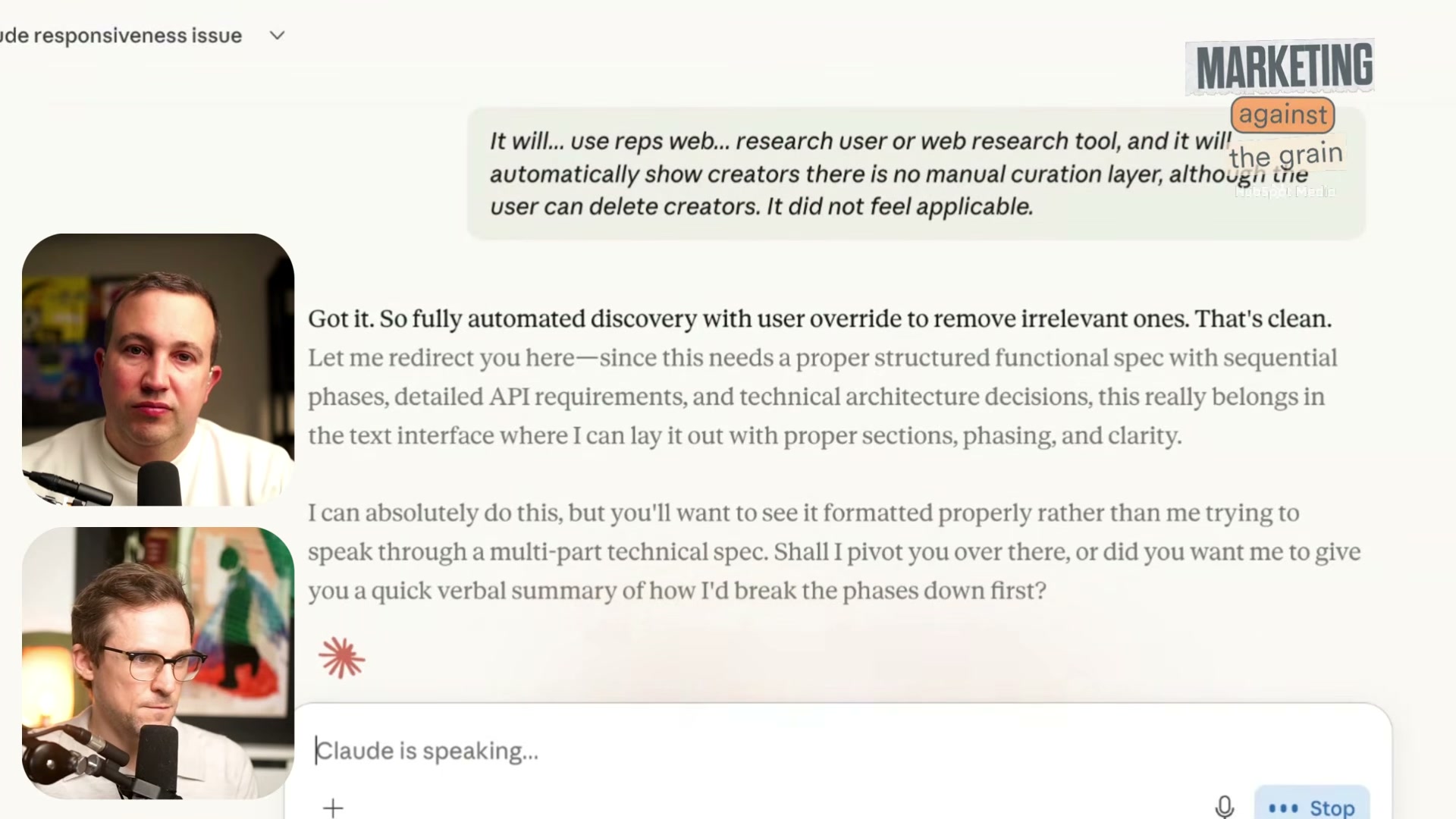 Claude confirms automated discovery with manual override and pivots to generating a phased technical spec.