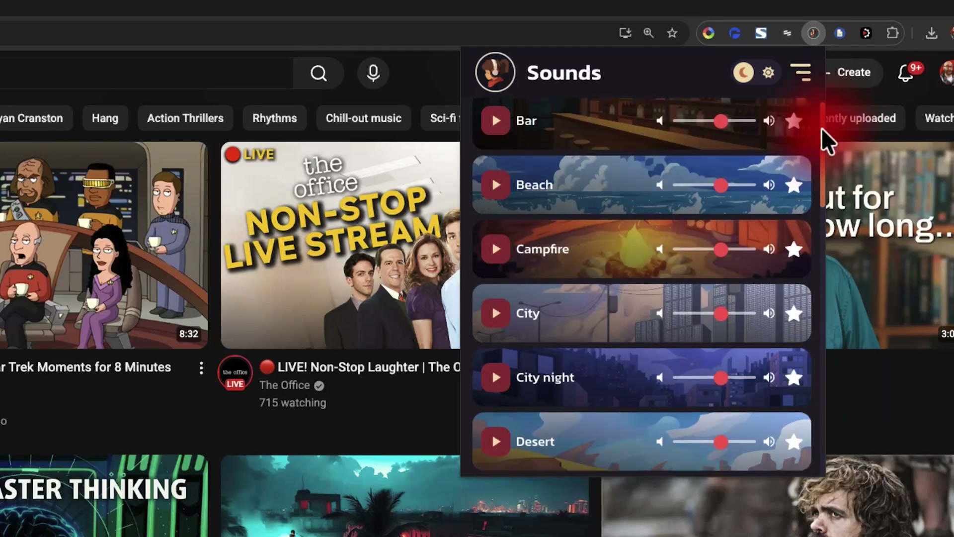 A Chrome extension adds an ambient Sounds panel directly to YouTube, letting streamers play background audio like 'Campfire' or 'City Night' without switching apps.