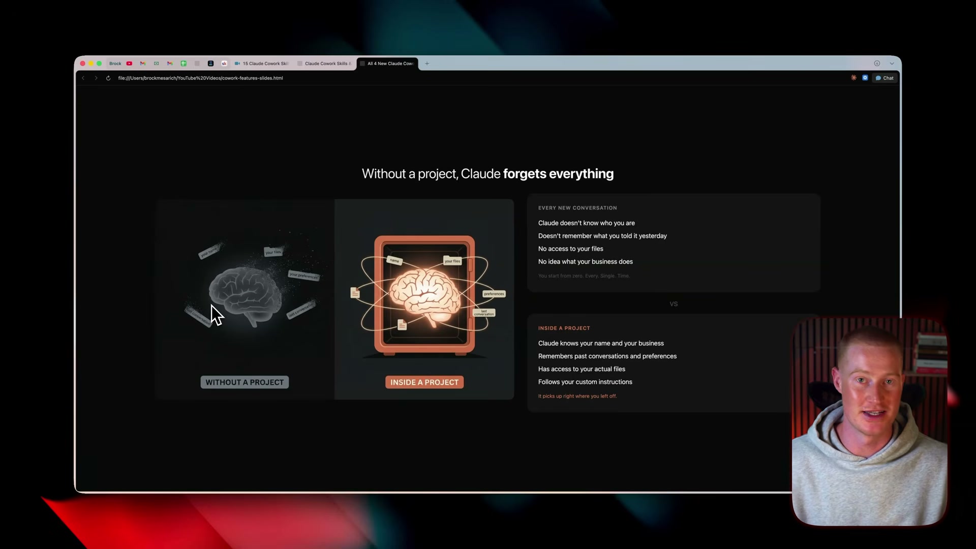 The memory gap: without a project Claude resets on every session; inside a project it knows your business, files, and preferences.