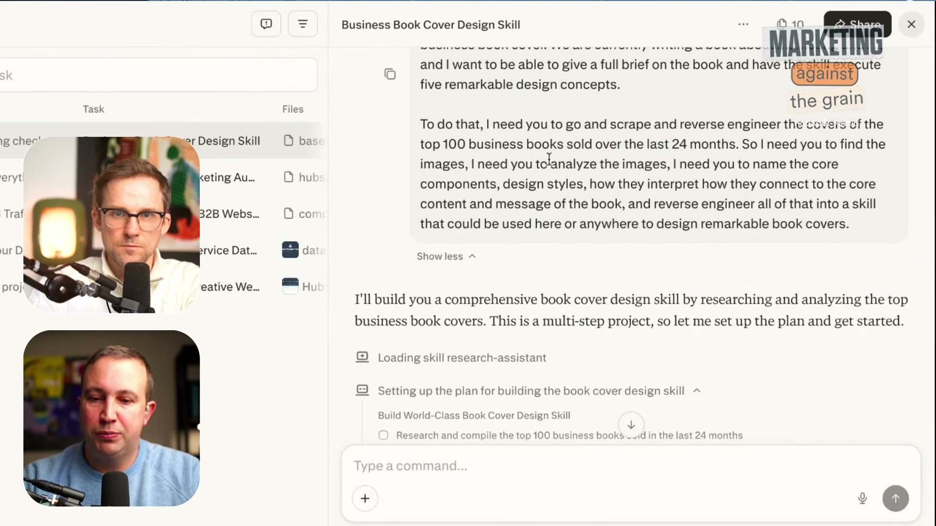 The exact prompt used to generate a business book cover design skill: scrape the top 100 bestselling covers, extract design archetypes, typography, and color palettes, then synthesize a reusable skill file that generates five remarkable concepts from any brief.