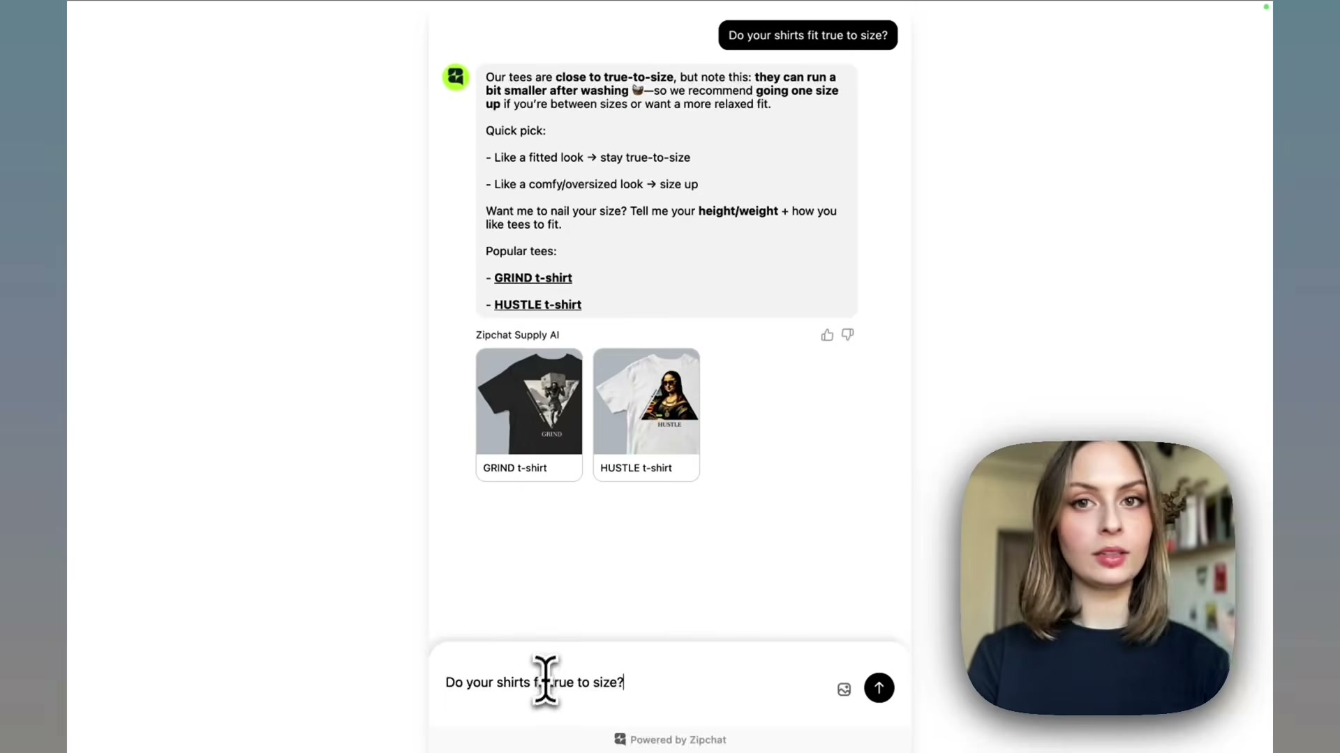 ZipChat's AI answers a sizing question with structured advice and automatically surfaces relevant product cards — no human agent needed.