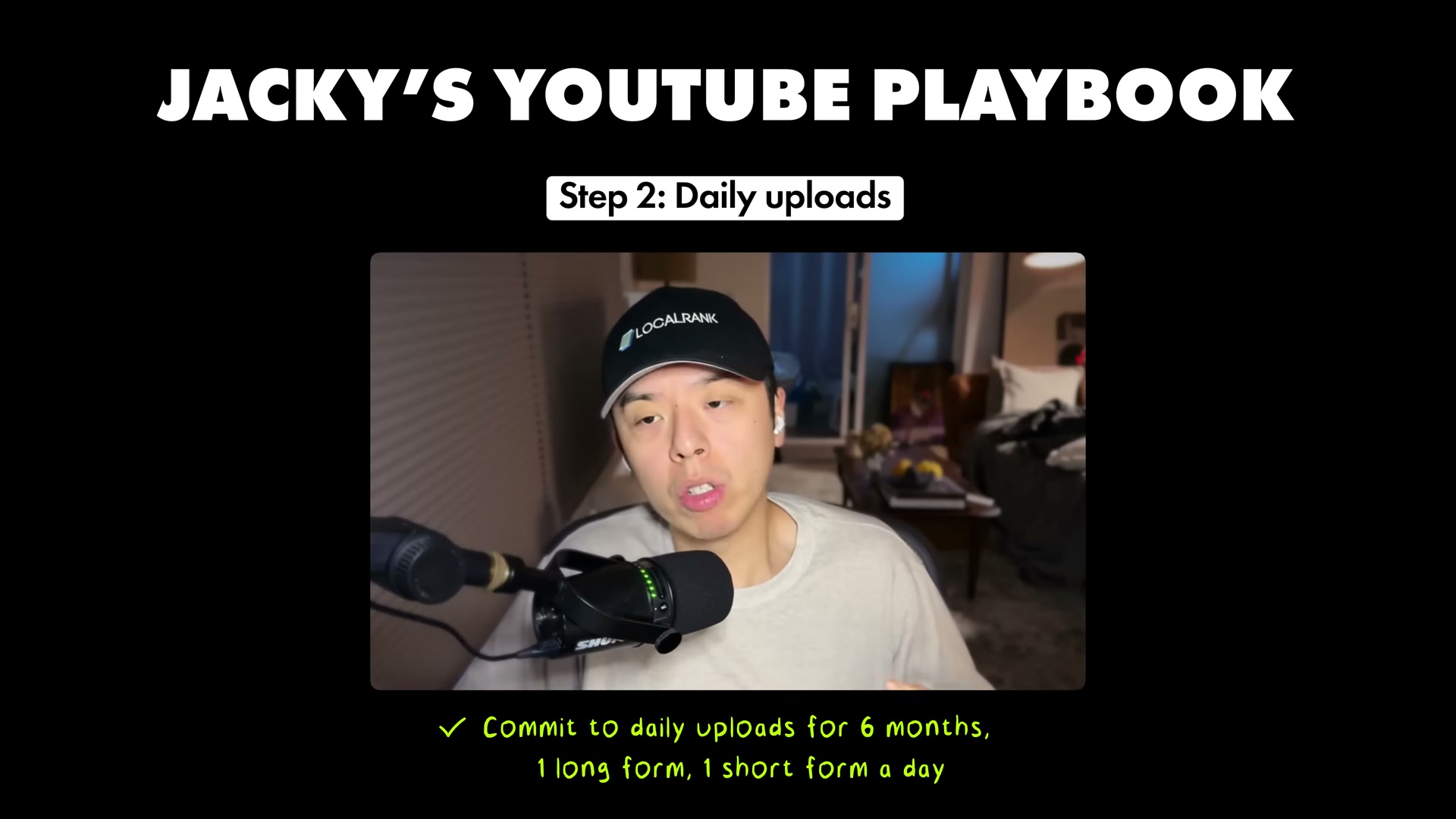 Playbook Step 2: Daily uploads for 6 months — one long-form and one short per day — is how Jacky trained the YouTube algorithm on each new channel