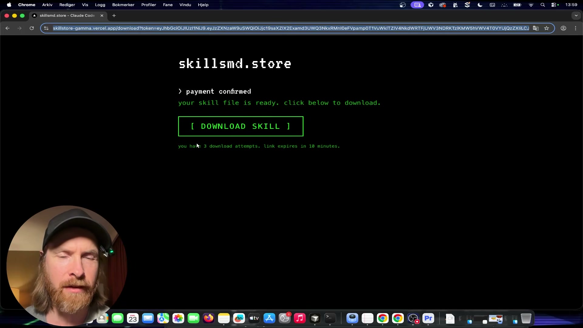 The target post-payment: a JWT-signed download URL with a 10-minute TTL and 3 allowed download attempts.