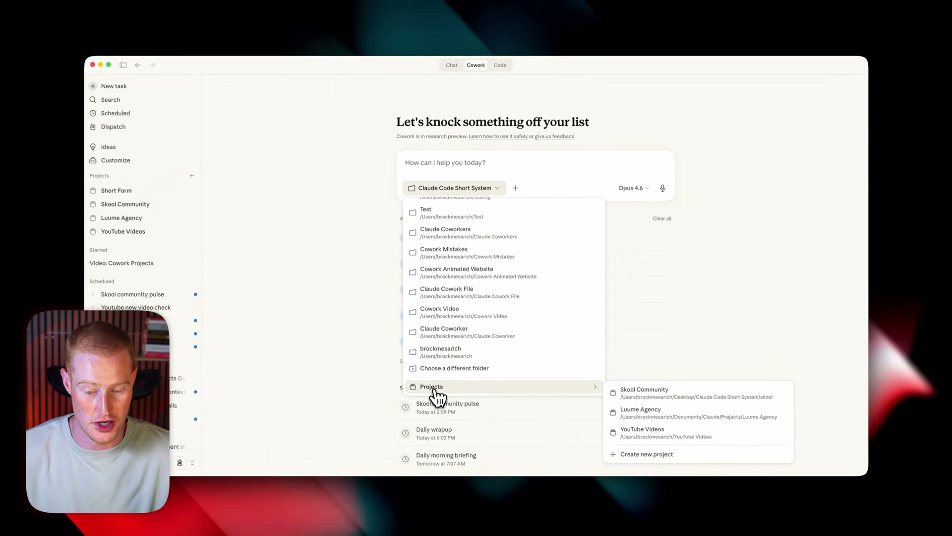 Accessing the Skills menu inside a Project reveals the 'schedule' skill — the entry point for creating automated recurring tasks.