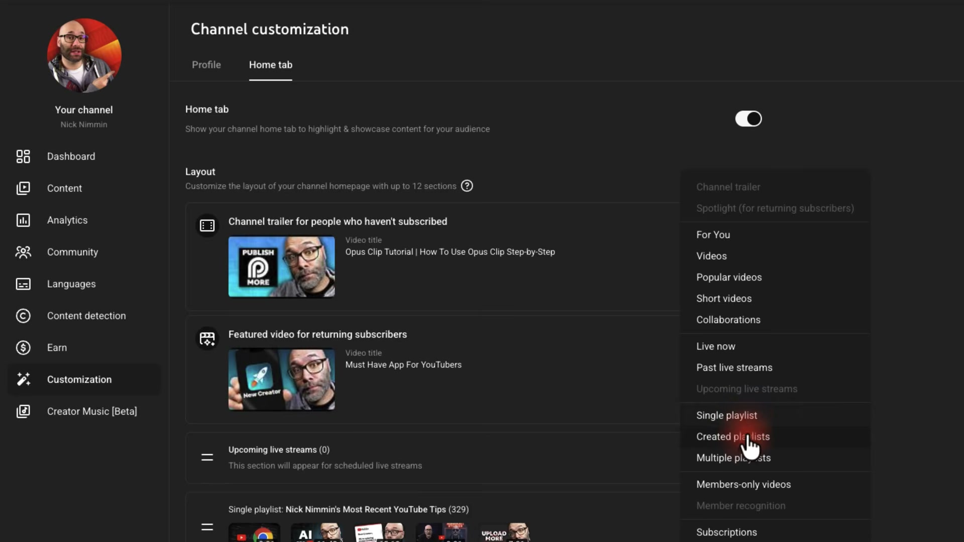 Every section type available for your YouTube channel Home tab layout — all 16 options exposed