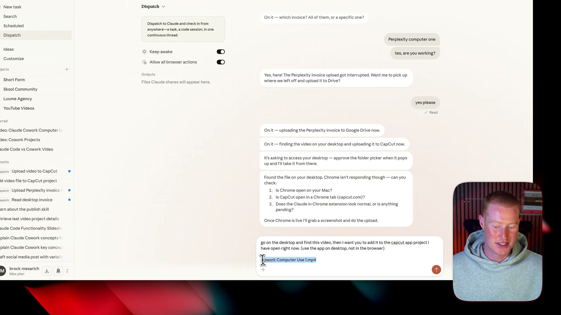Claude narrates its own actions in Dispatch: each line shows exactly what it's doing on your desktop in real time
