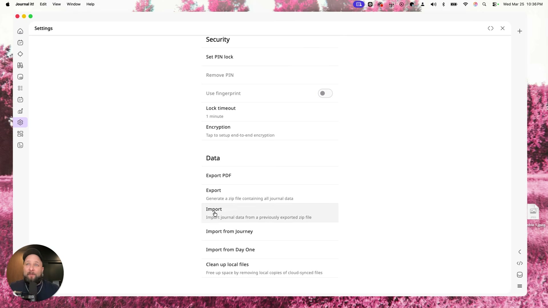 Settings: Security options, PDF/zip export, and import from Journey or Day One
