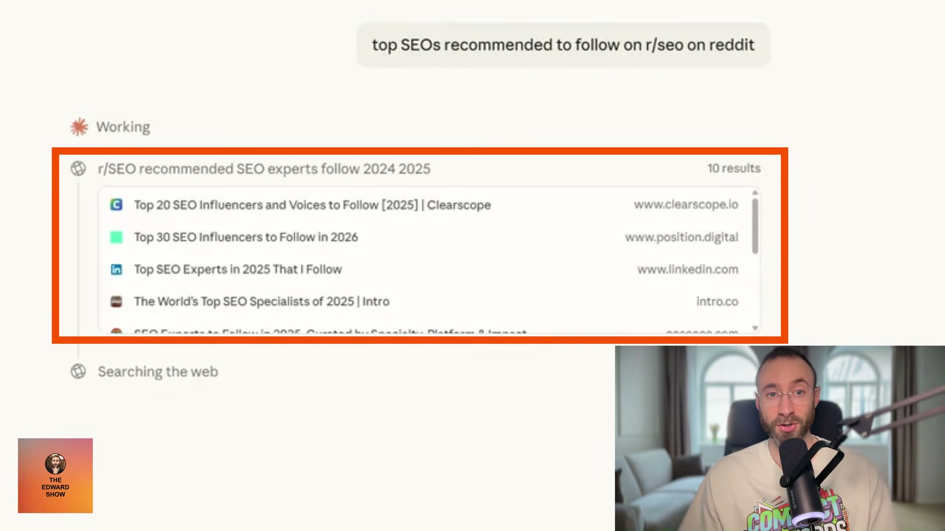 Claude searches the live web for Reddit SEO recommendations — proof that GEO optimization is just SEO.