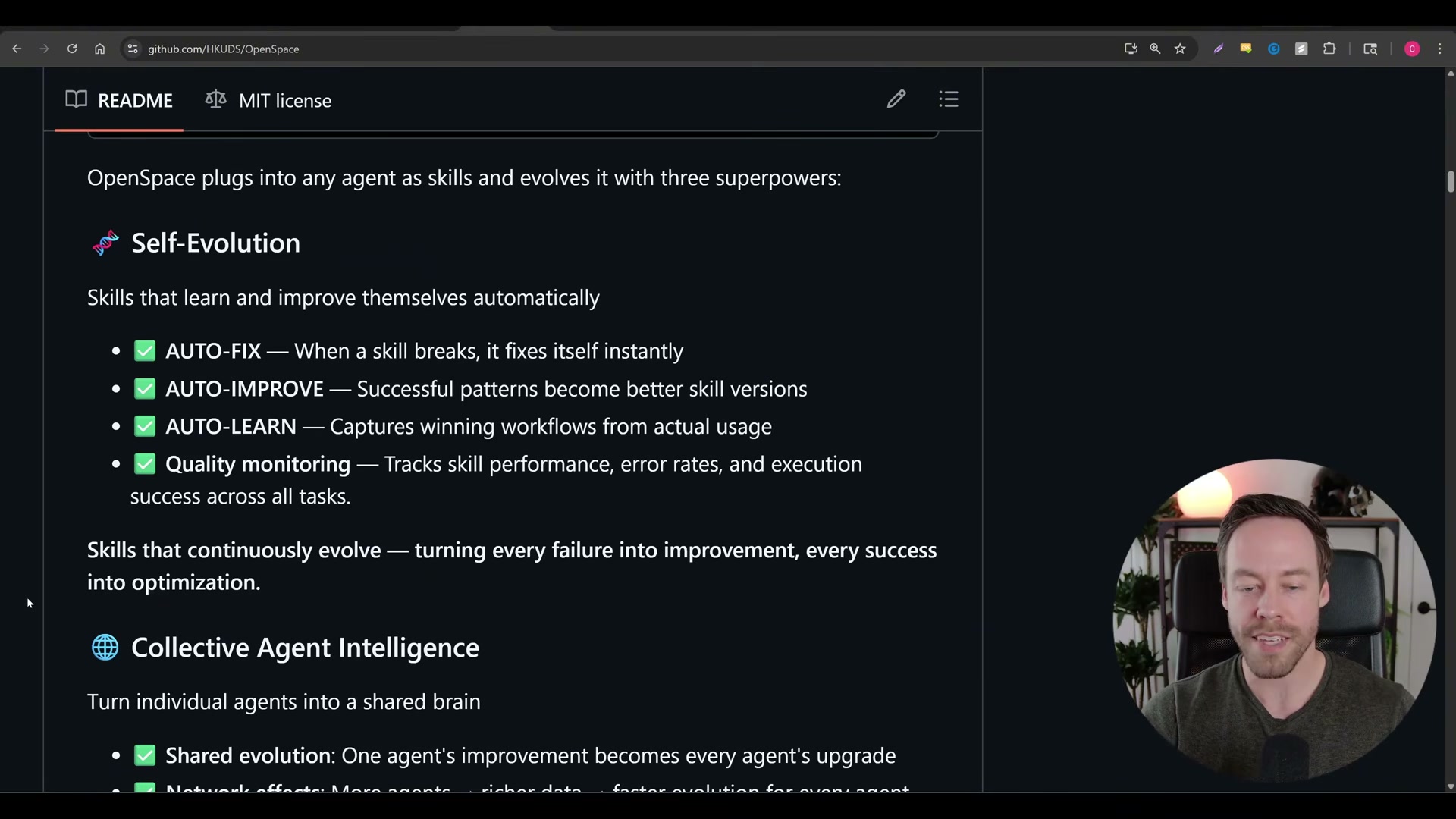 OpenSpace's three self-evolution modes: AUTO-FIX repairs broken skills instantly, AUTO-IMPROVE upgrades successful ones, AUTO-LEARN captures winning workflows