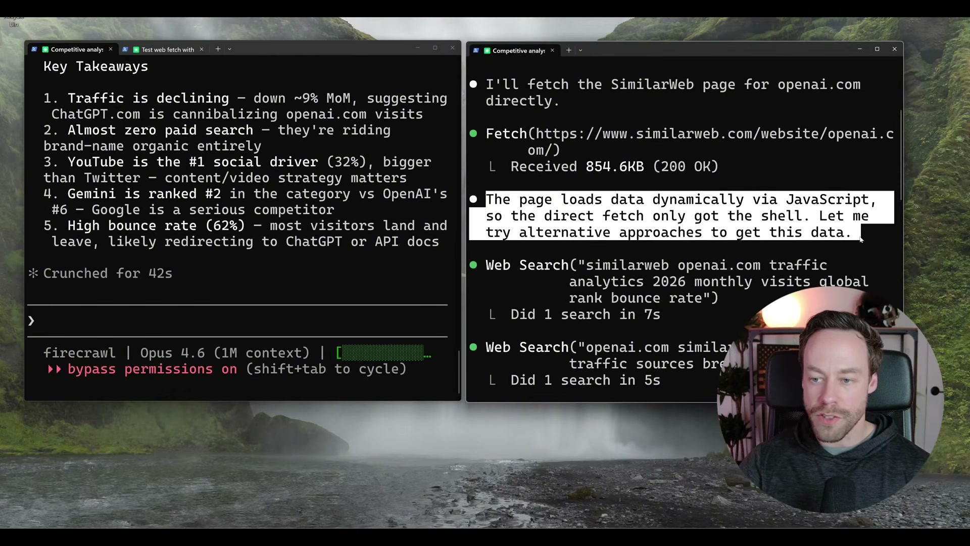 Without Firecrawl: the agent detects JS-rendered content, gets only the HTML shell, and pivots to degraded web searches