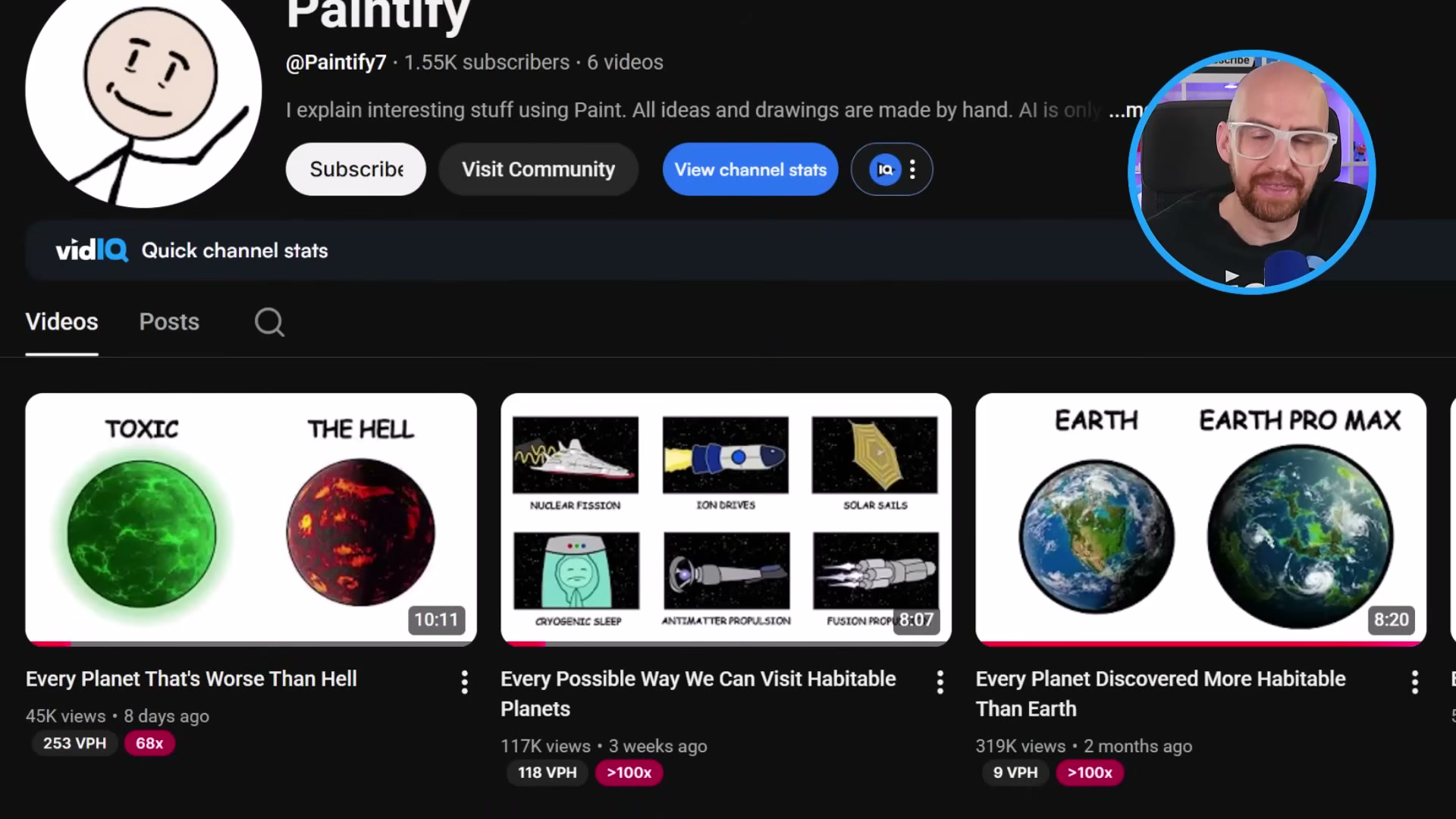 Paintify's channel page in vidIQ tells the full story: three videos, two outlier badges above 100x — the MS Paint explainer niche is a repeatable formula