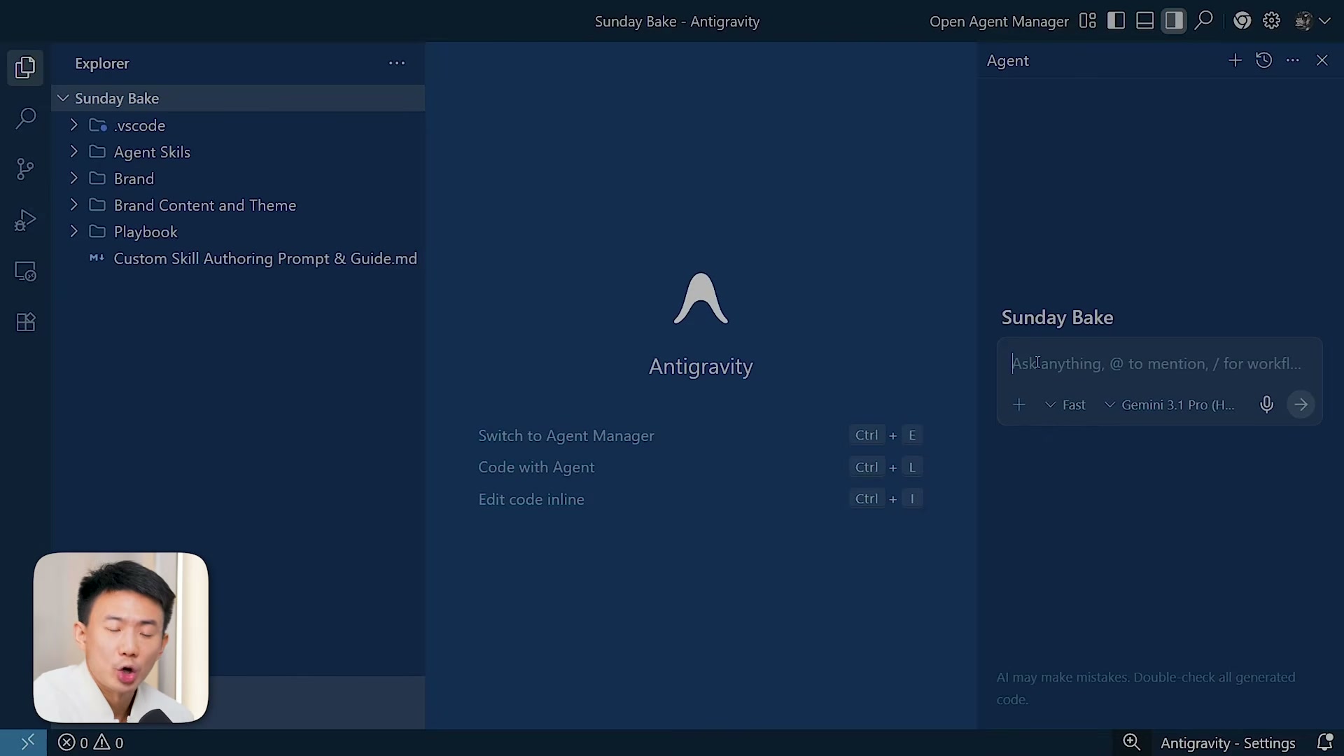 The full Antigravity IDE with the Agent panel open — Gemini 3.1 Pro (High) selected as the model, ready to receive instructions.