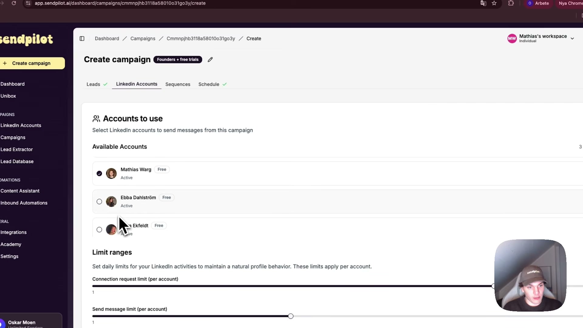Assigning multiple LinkedIn sender accounts to a campaign and setting per-account daily limits in SendPilot